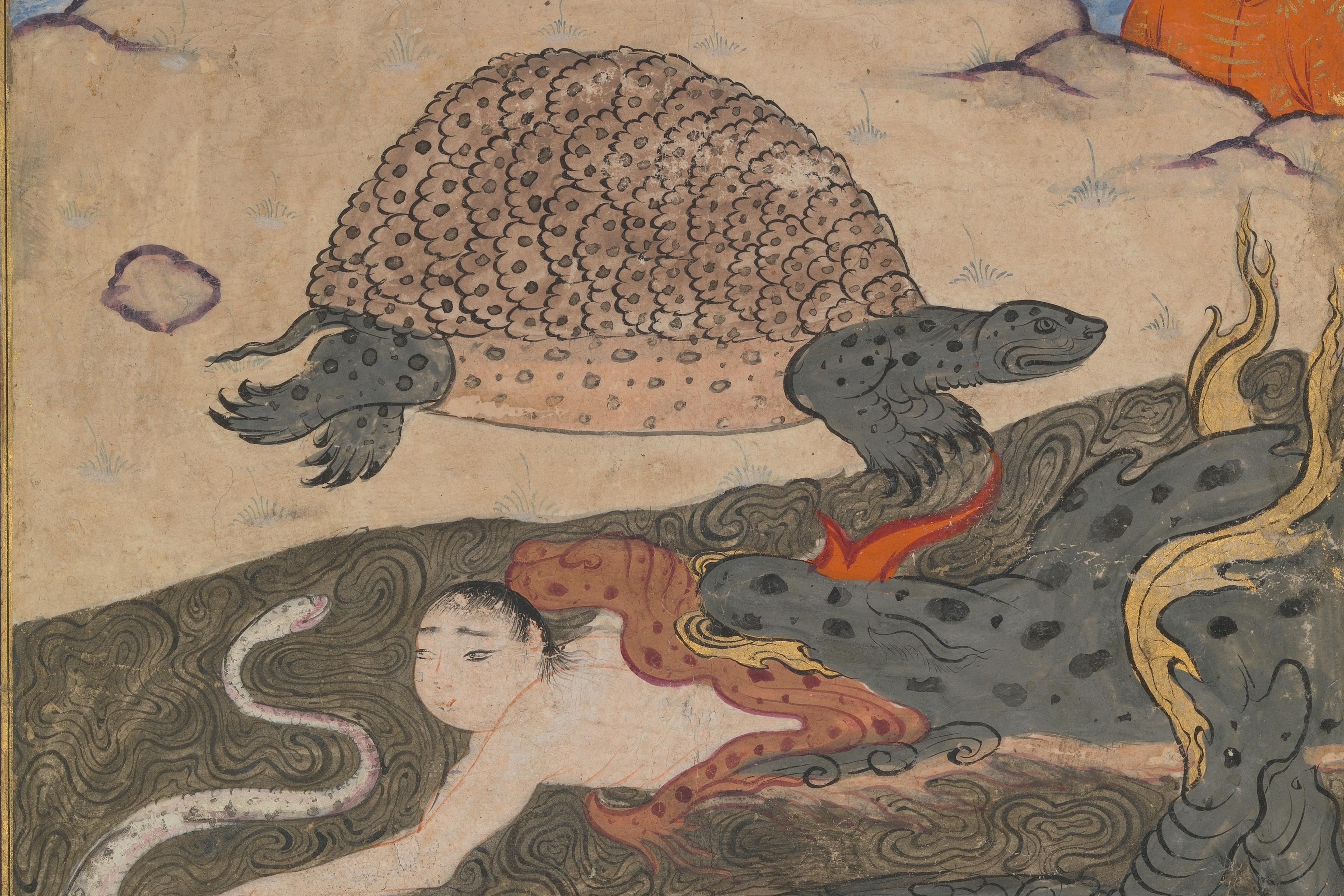 Illustration of a mythical scene with a person, snakes, and a turtle in a stylised landscape. Traditional Persian art style.