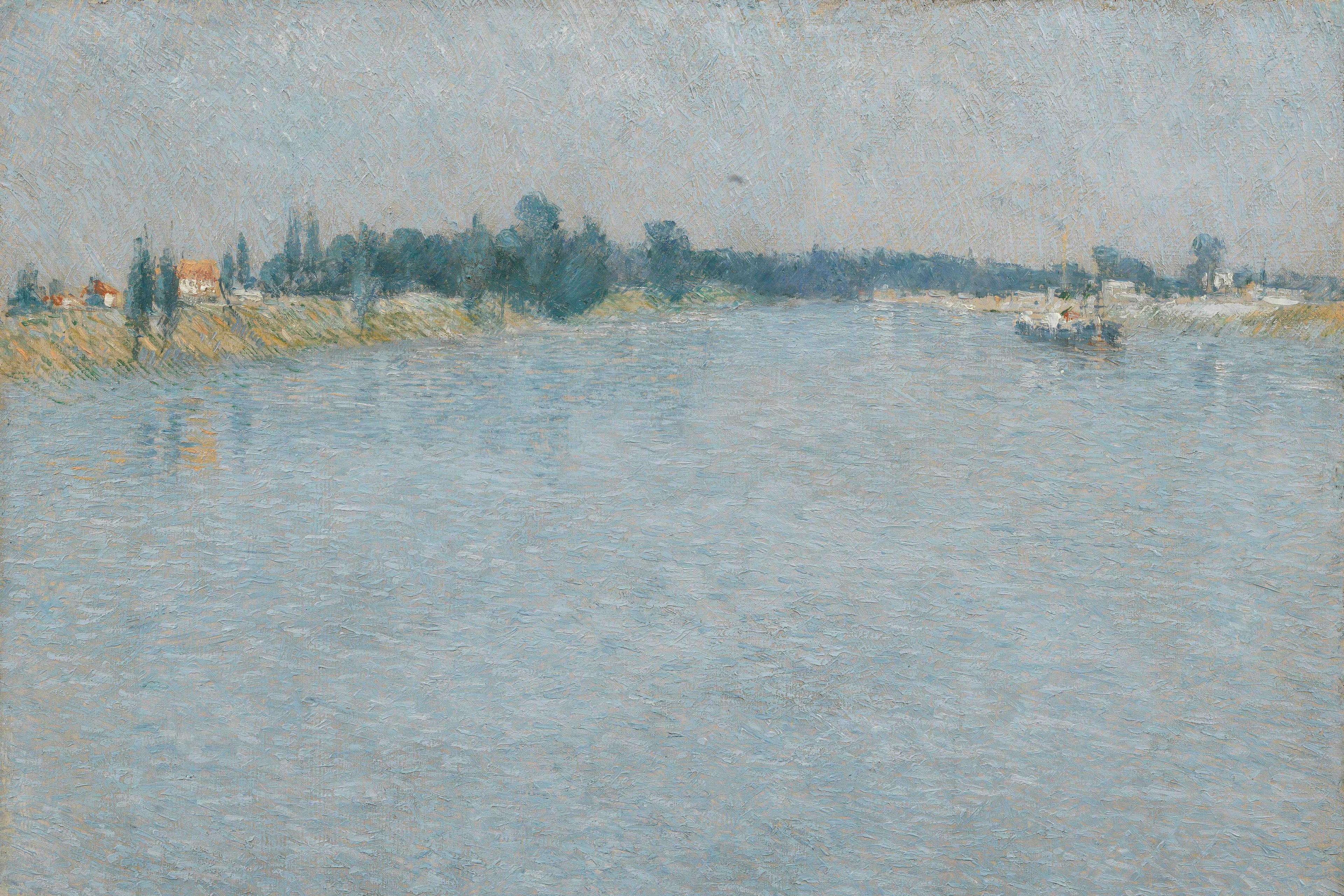 Painting of a serene river scene with distant houses and trees reflecting in the water under a hazy blue sky.