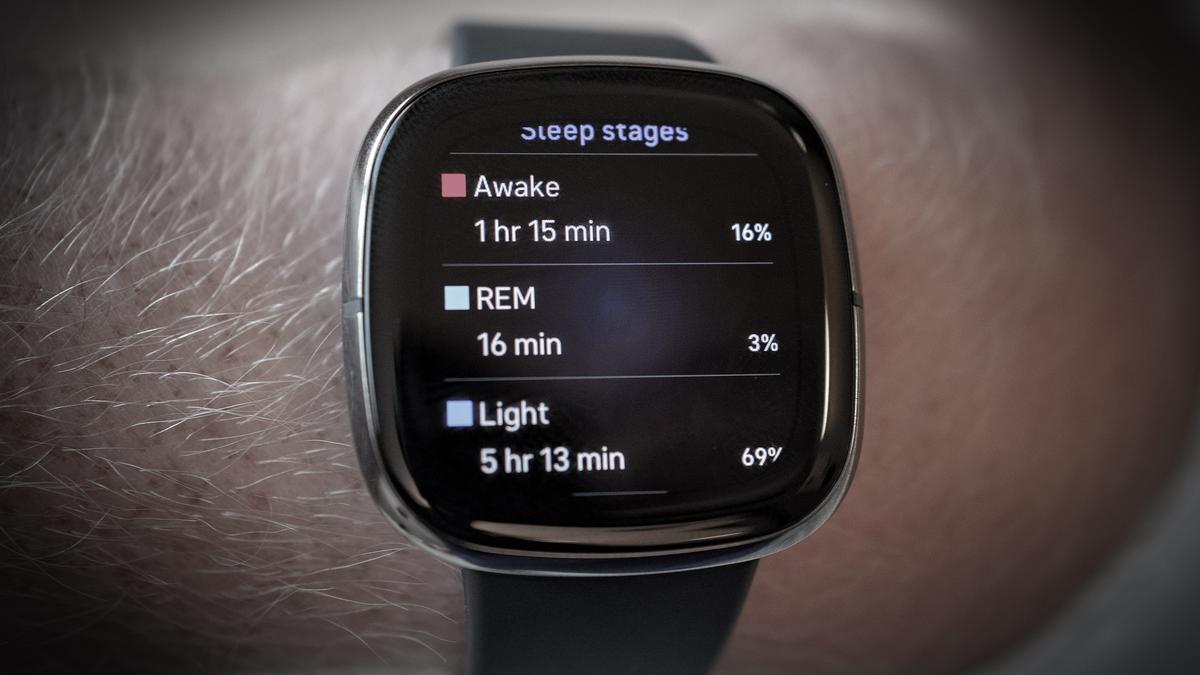 A smartwatch displaying sleep stages: Awake 1hr 15min, REM 16min, Light 5hr 13min. It is worn on a wrist.