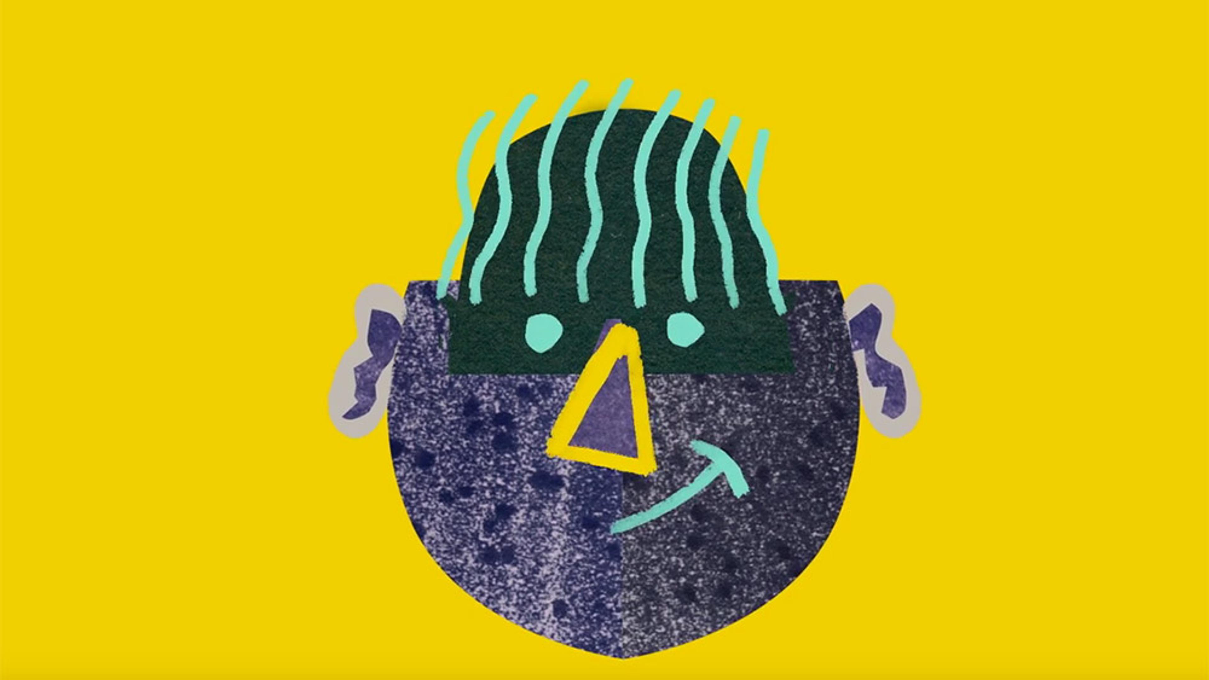 Abstract artwork of a smiling human face on a yellow background, featuring wavy lines for hair and a triangle for a nose.