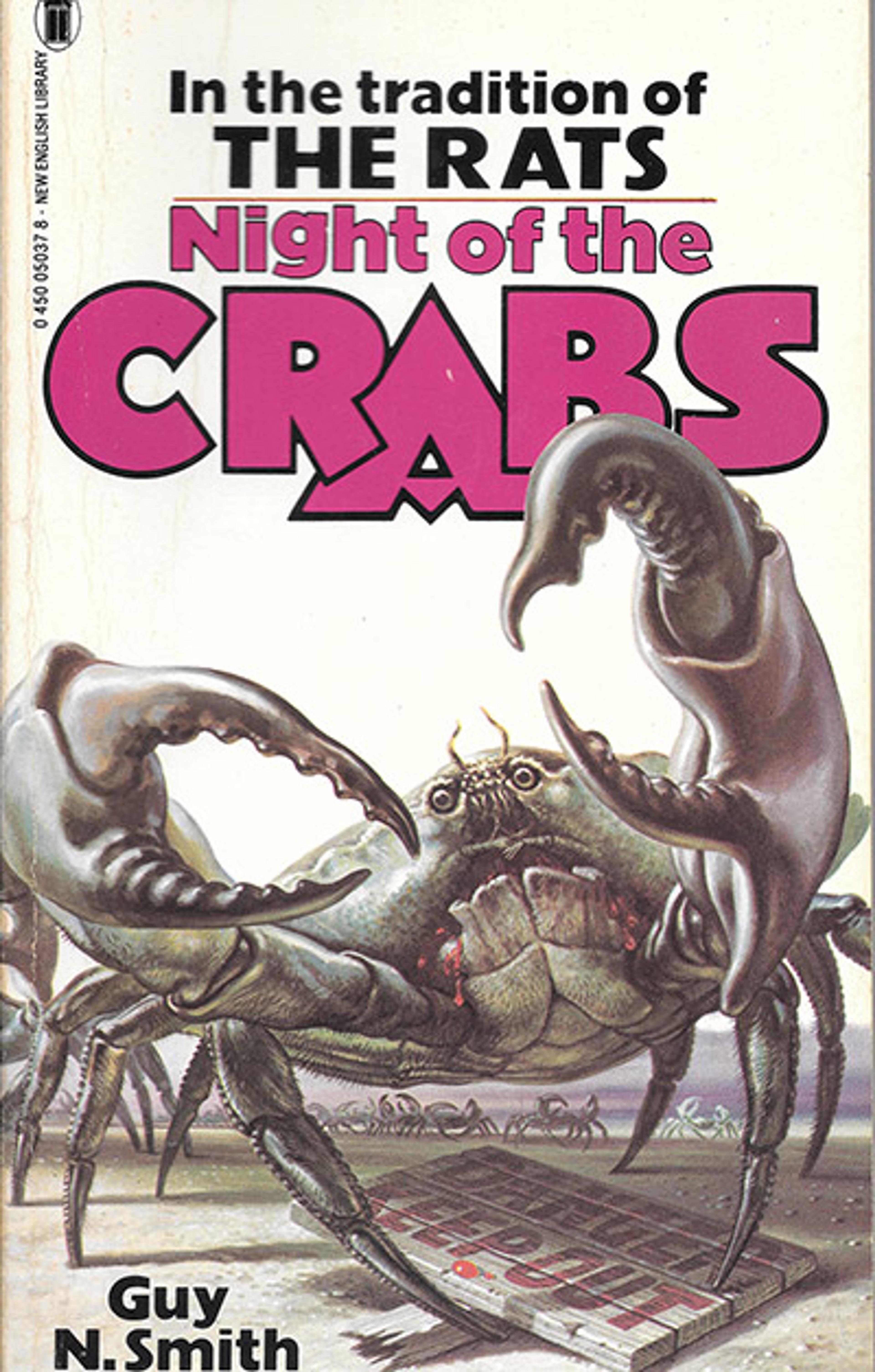 Book cover illustration: Giant crab with raised claws near a coastline. Text: “Night of the Crabs” by Guy N. Smith.