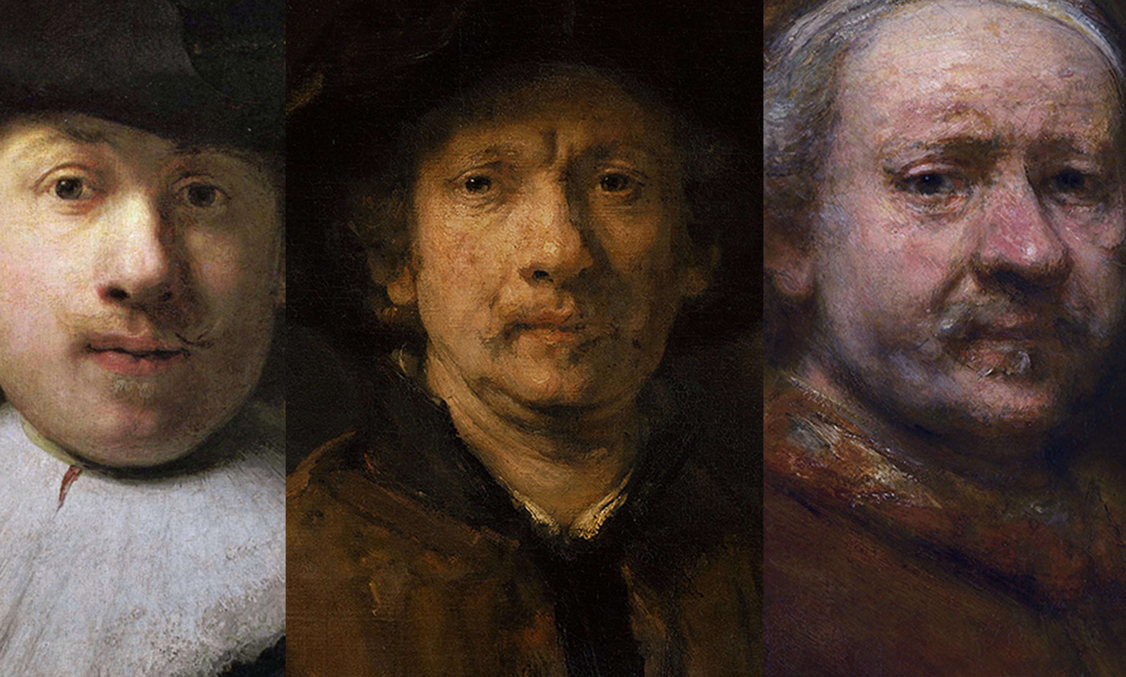 <p>Three self-portraits by Rembrandt van Rijn: at 26; at 46; at 63. <em>Courtesy Wikimedia.</em></p>