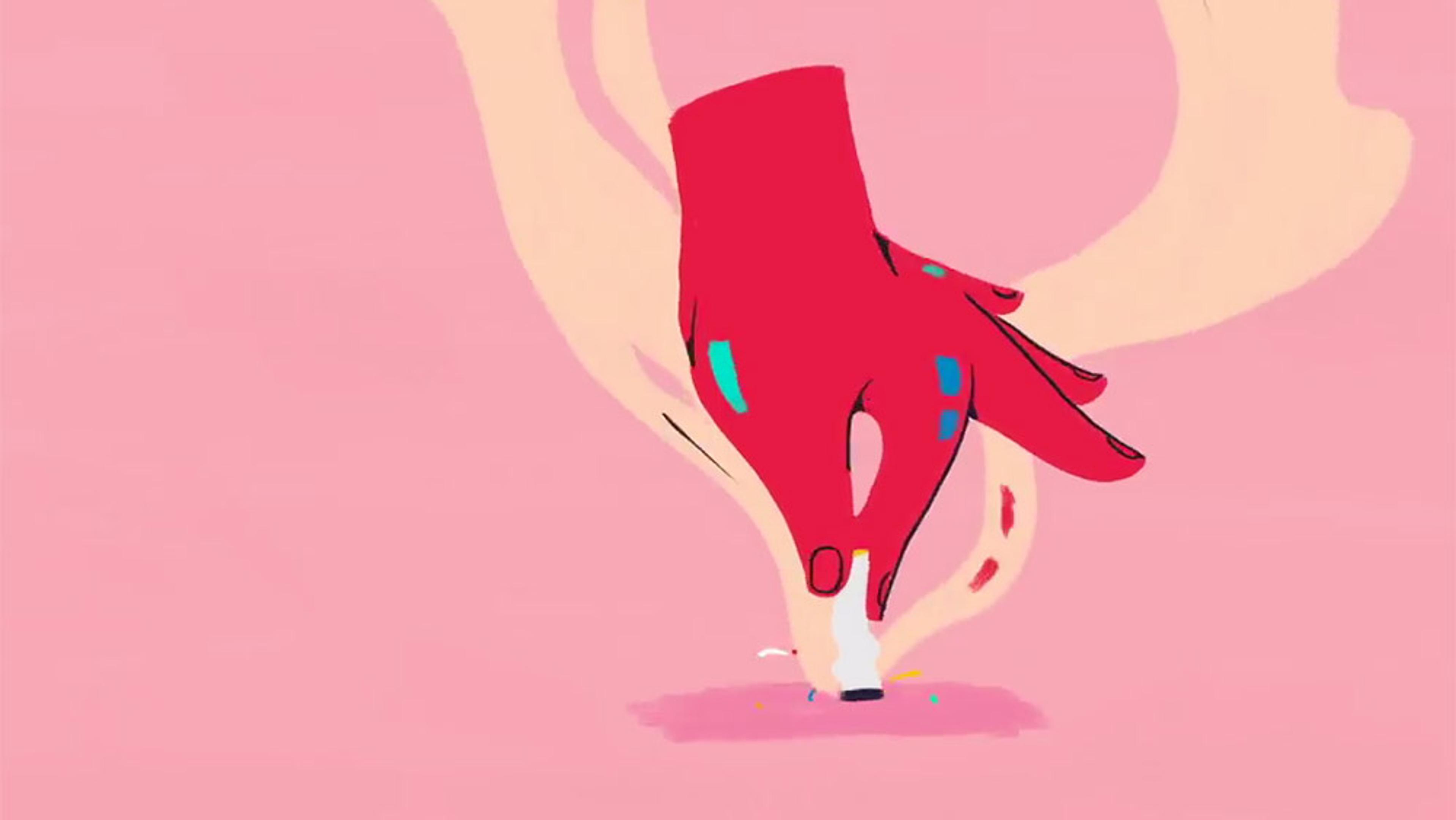 Abstract illustration of a red hand holding a white object on a pink background, featuring colourful accents on the fingers.