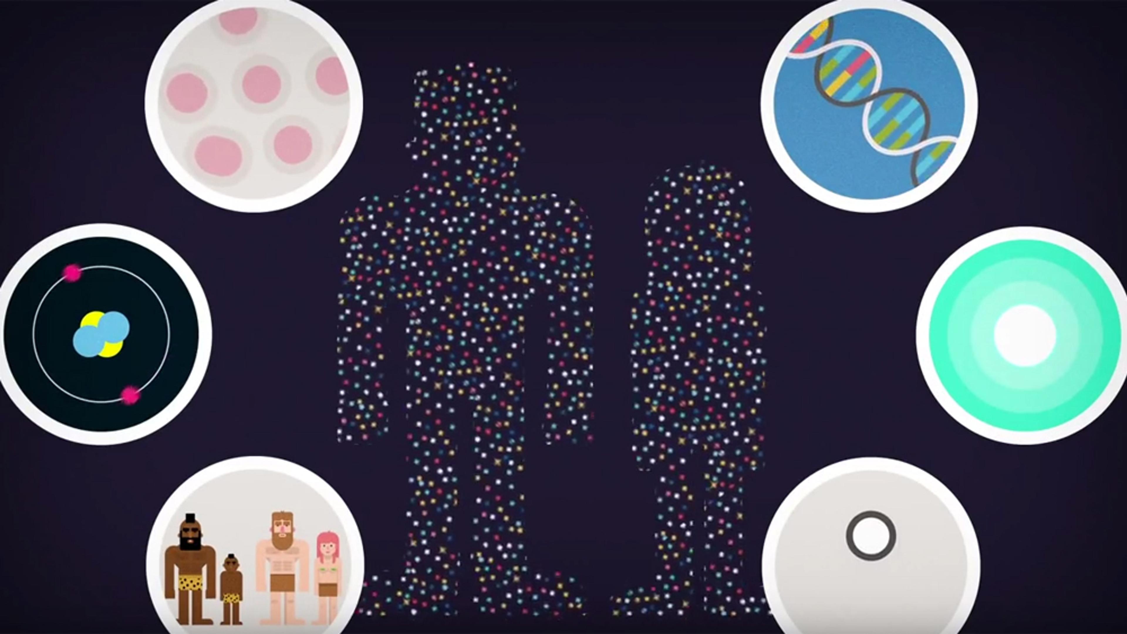 Illustration showing human silhouettes made of dots surrounded by icons of DNA, cells, an atom, and primitive human figures.