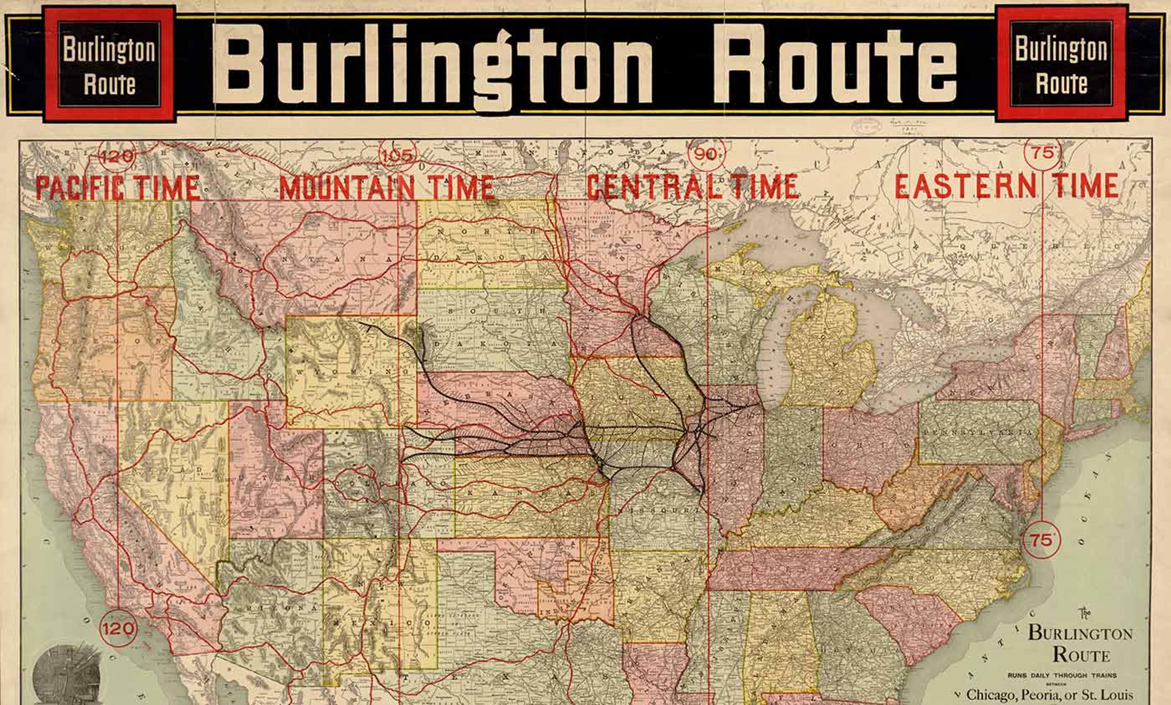 <p>Map issued in 1892 by the Passenger Department of the Chicago, Burlington and Quincy Railroad.<em> Courtesy Wikipedia</em></p>