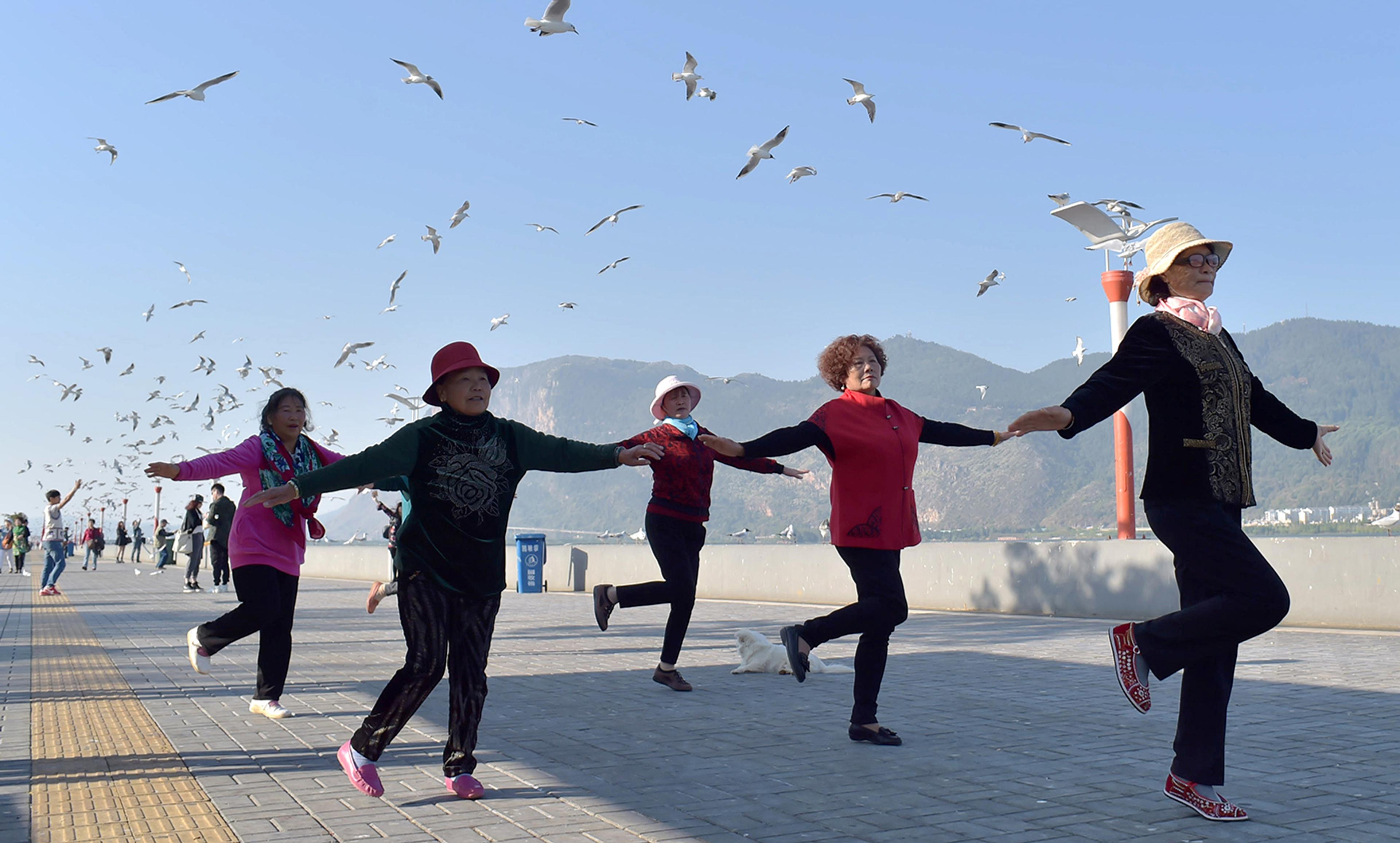 <p>Chinese pensioners exercise in a park. <em>Photo by Jie Zhao/Getty</em></p>