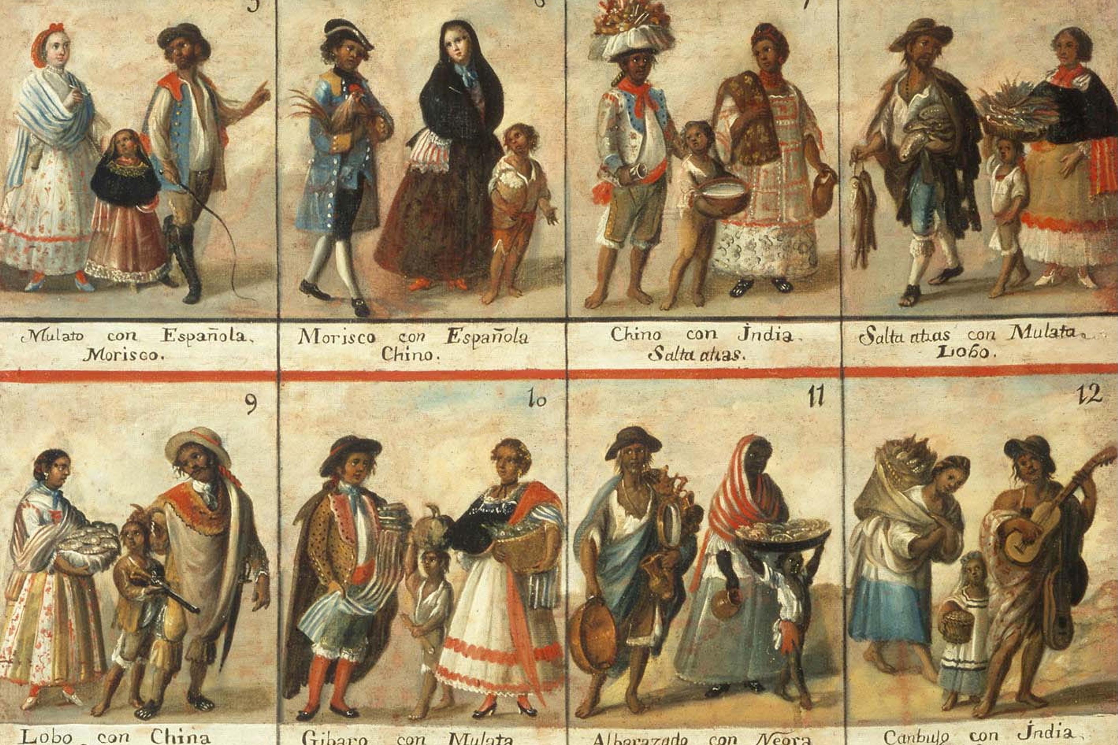 Painting depicting 16 scenes of diverse families and cultural attire, titled with Spanish casta terms in a grid layout.