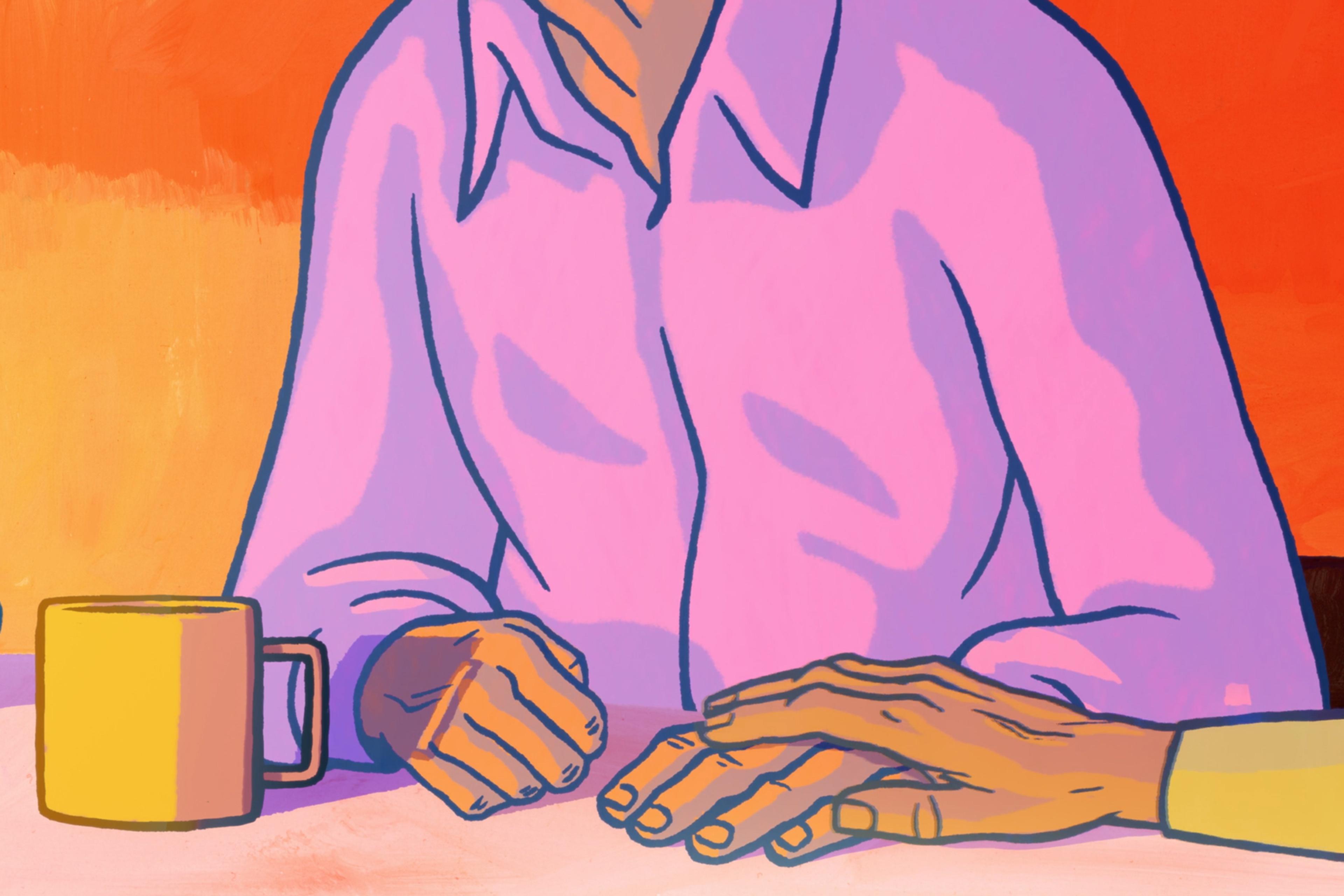 Illustration of a person in a purple shirt sitting at a table with a yellow mug, receiving a supportive hand on theirs.