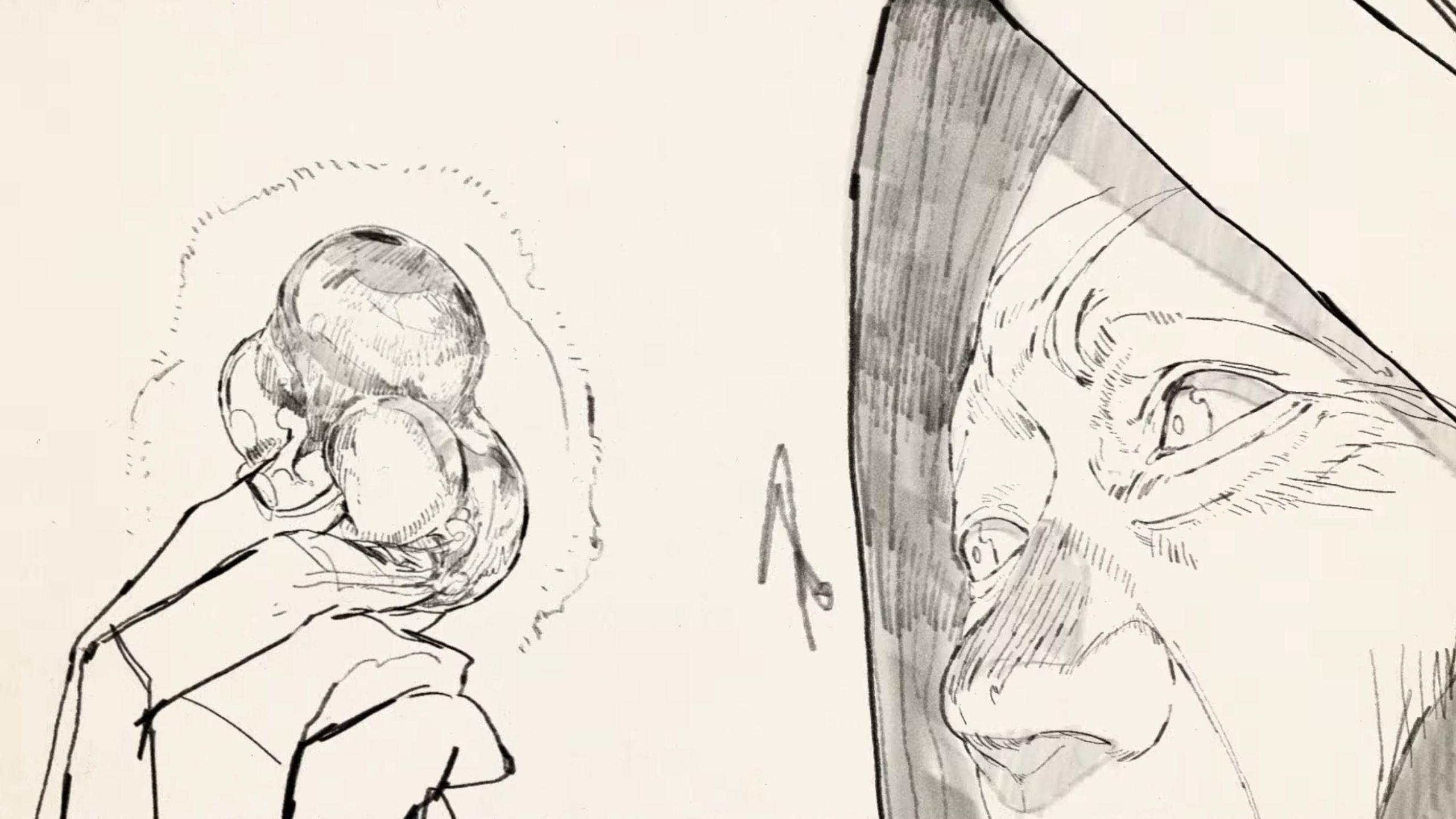 Sketch showing a person’s face in profile reacting to a small, round object held in a hand.