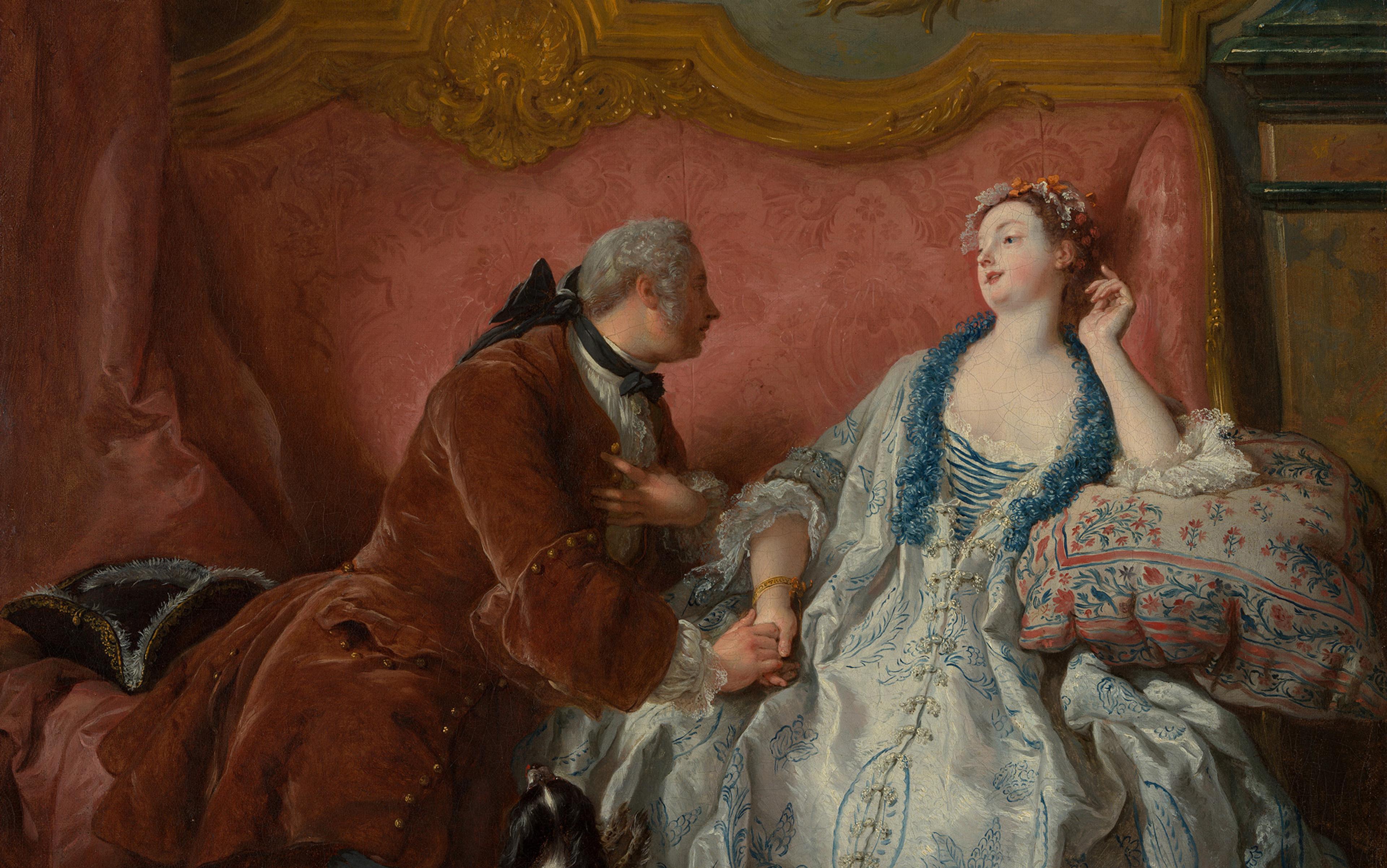 Painting of a man and woman in elegant 18th-century attire sitting on a pink sofa with ornate decoration.