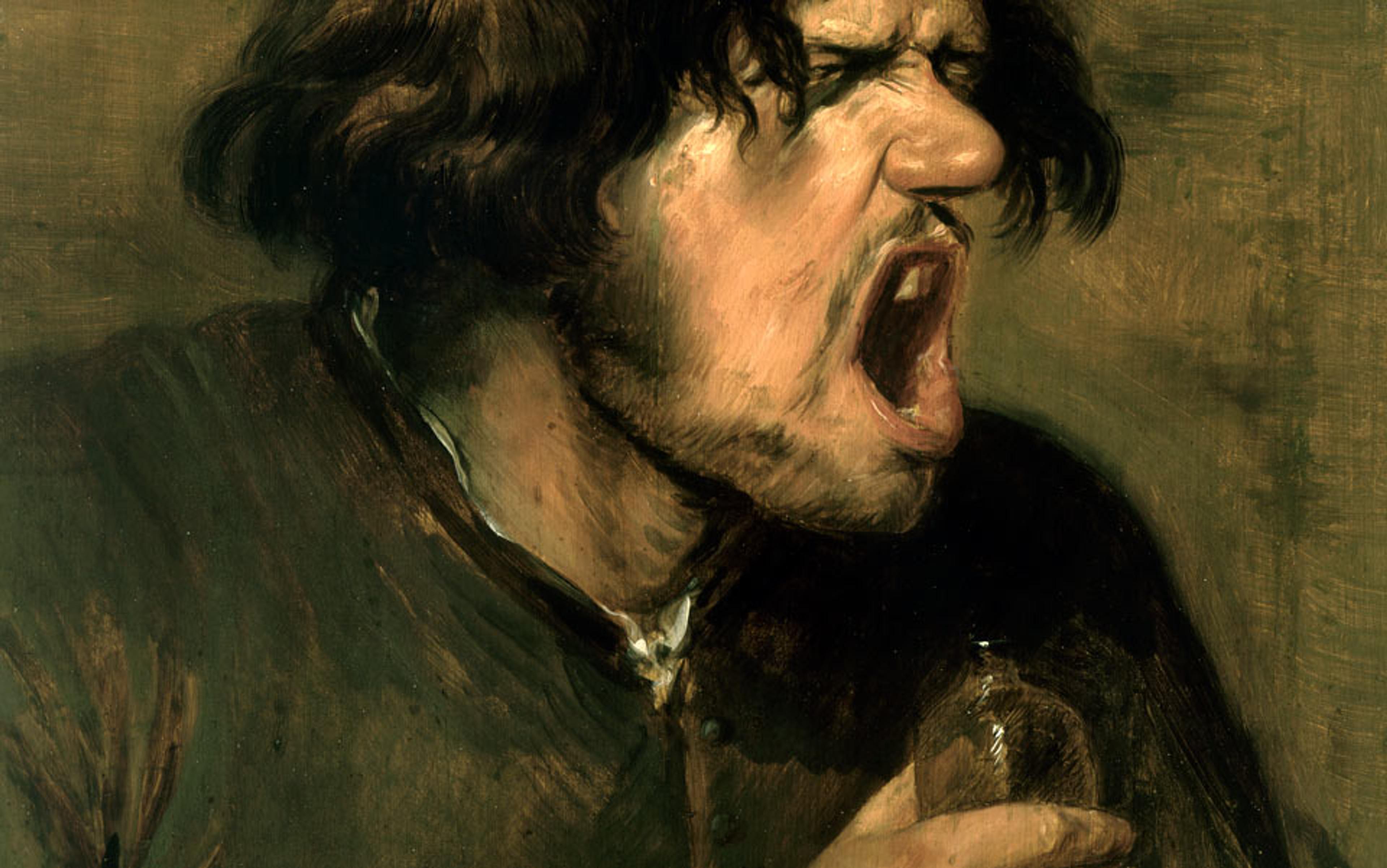 A painting depicting a man with tousled hair and an open mouth, appearing to shout or sing, holding a bottle in his hand.