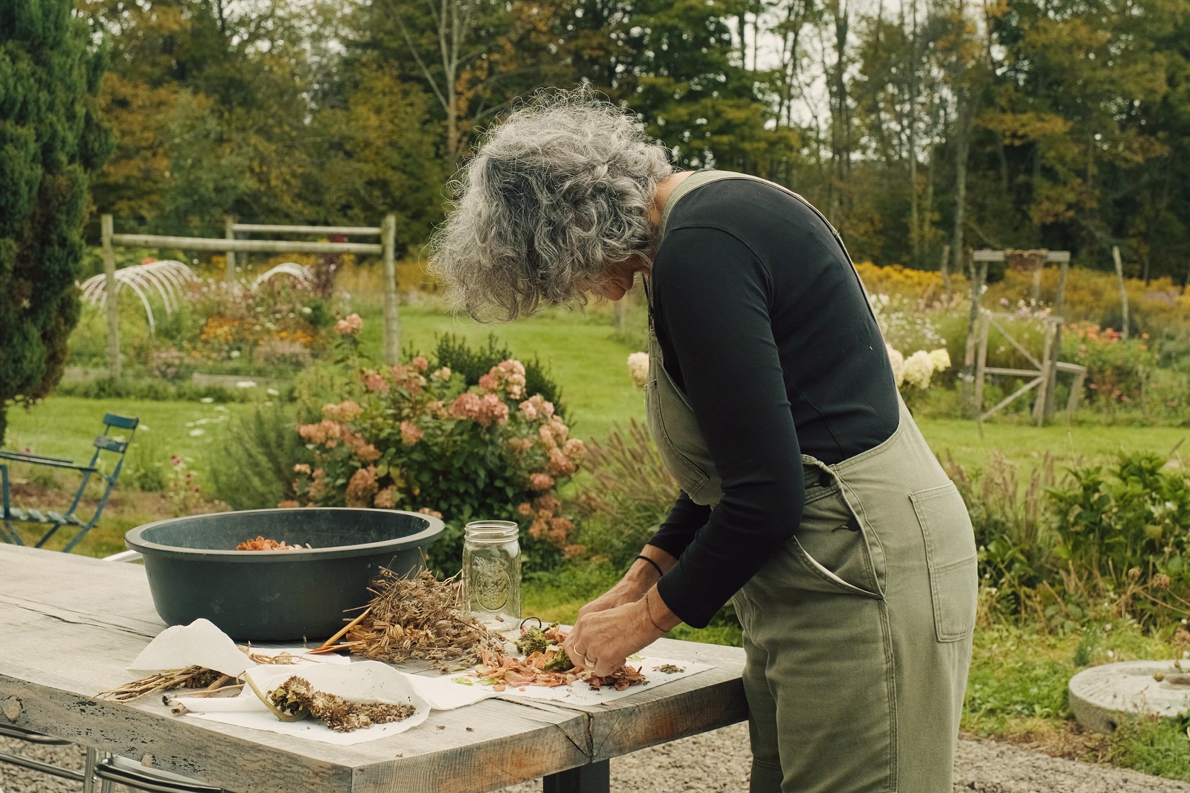 A woman with grey curly hair is sorting plant materials on an outdoor table in a garden, with various green and flowering plants in the background.
