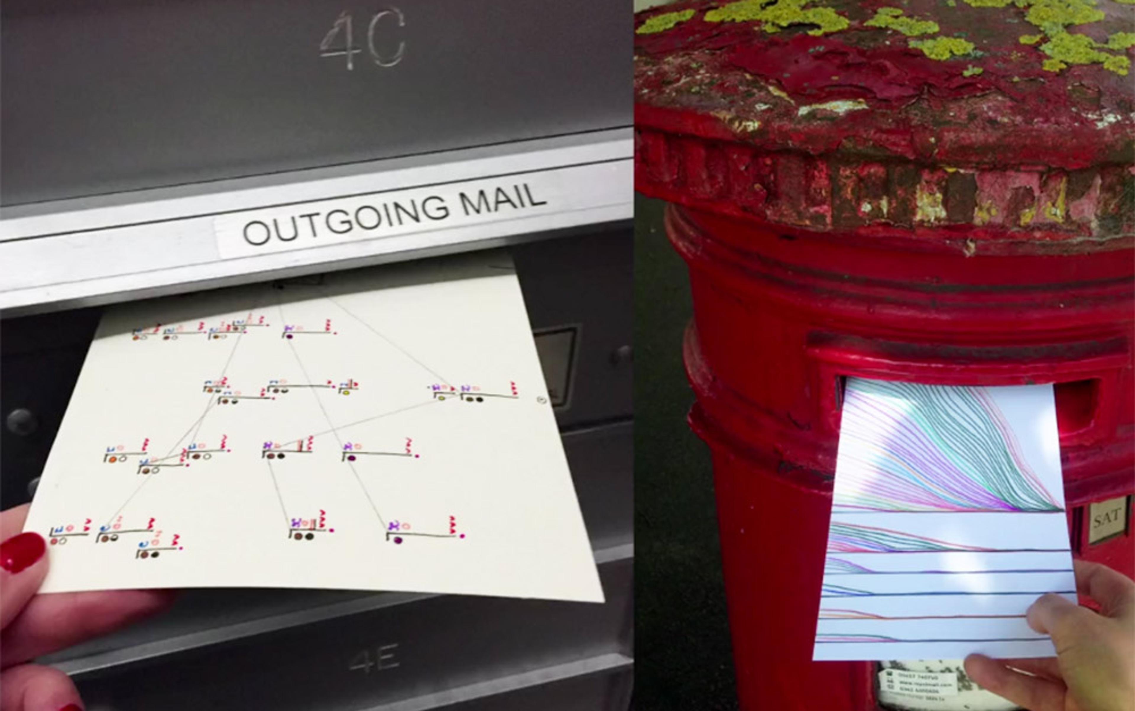 A hand posting graph-covered paper into two different mailboxes. The left is labelled ‘Outgoing Mail’, the right is a red postbox.