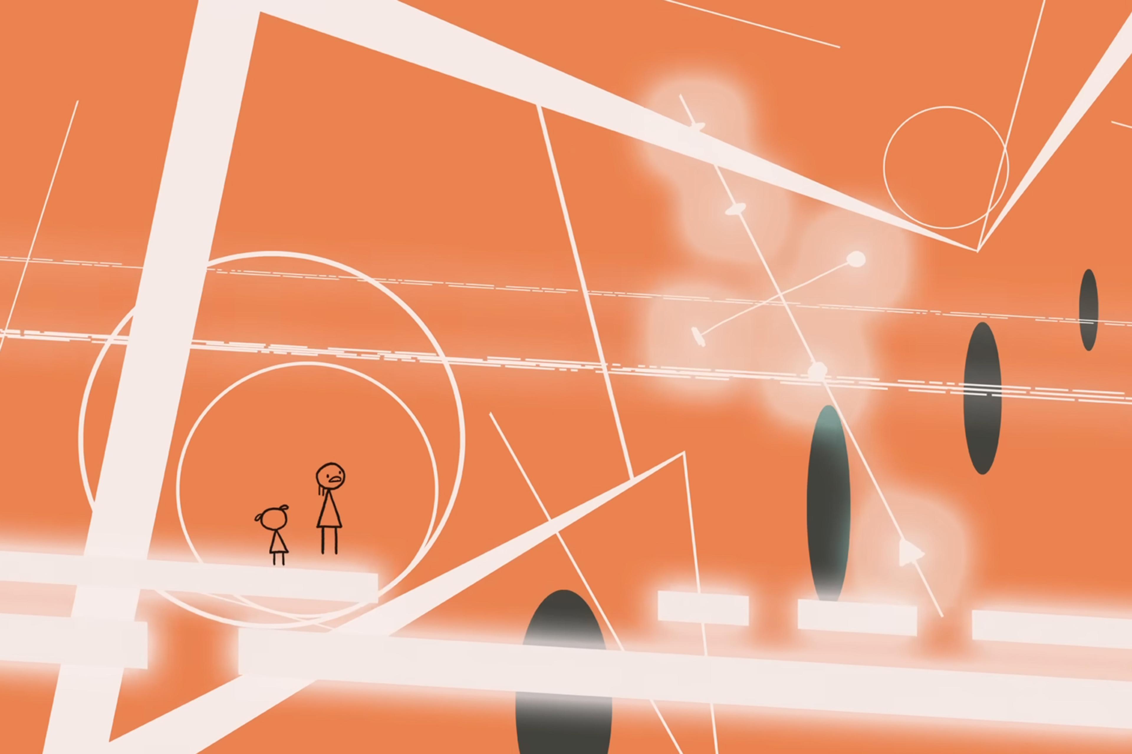 Abstract orange background with two stick figures amidst geometric shapes and lines.
