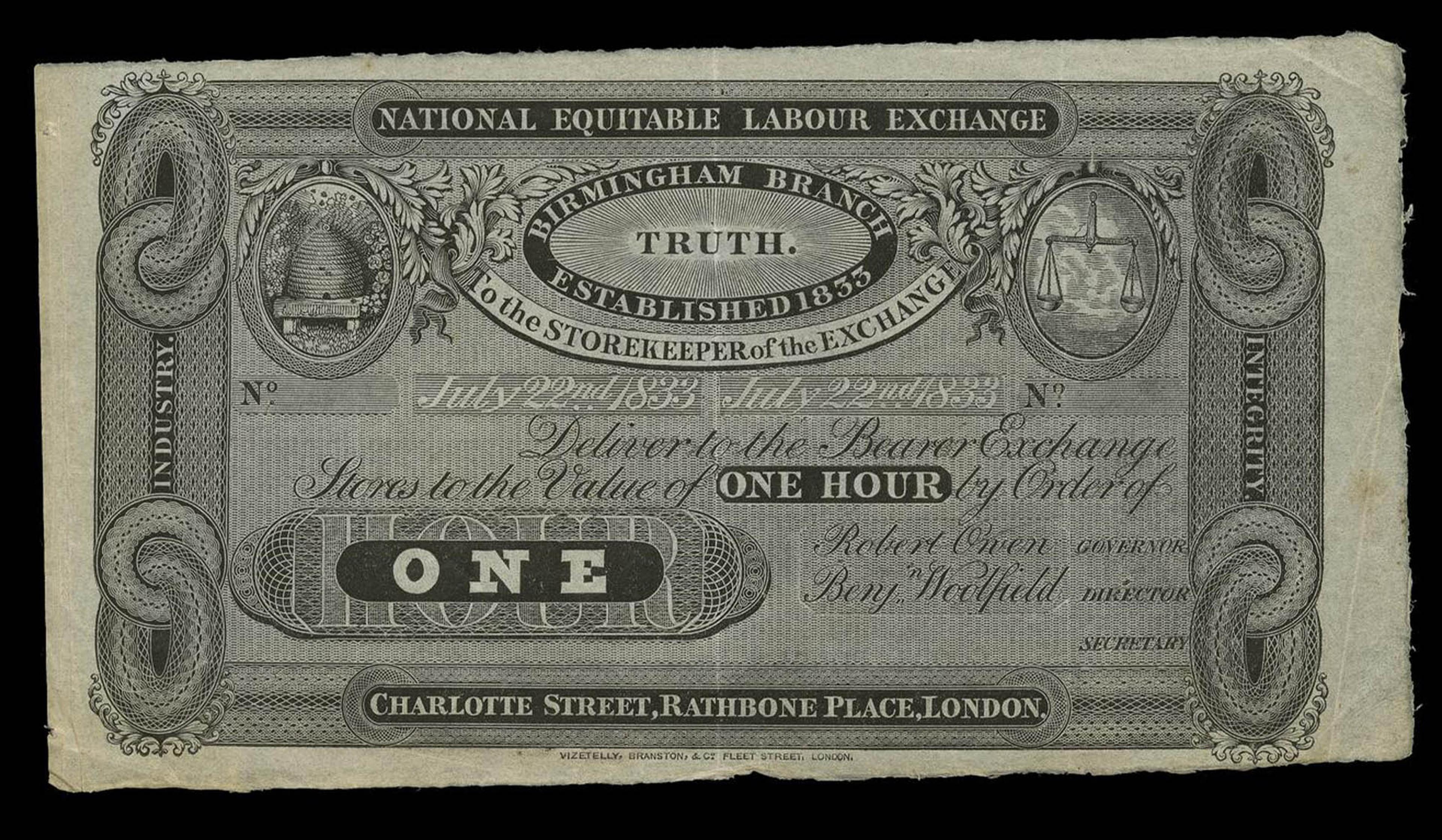 An old labour exchange note from 1833 with intricate designs, featuring text, scales and a beehive, labelled Birmingham Branch.