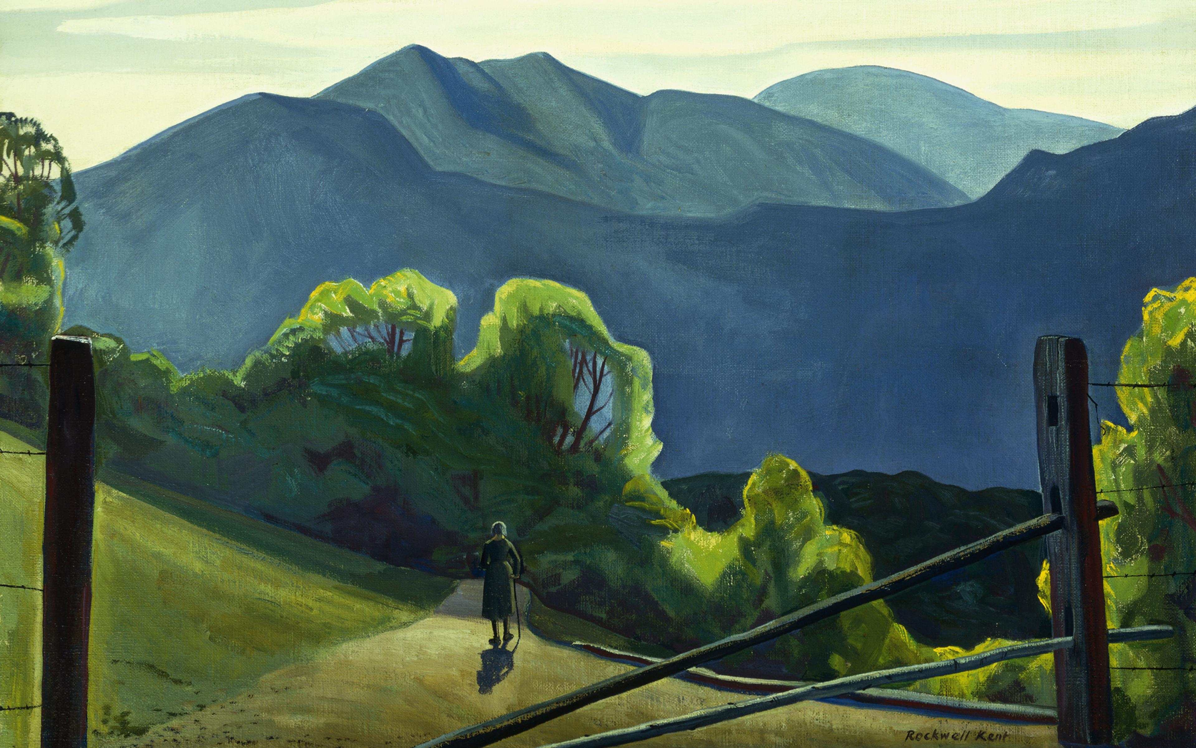 Painting of a figure walking on a path flanked by trees with mountains in the background, viewed through a wooden fence.