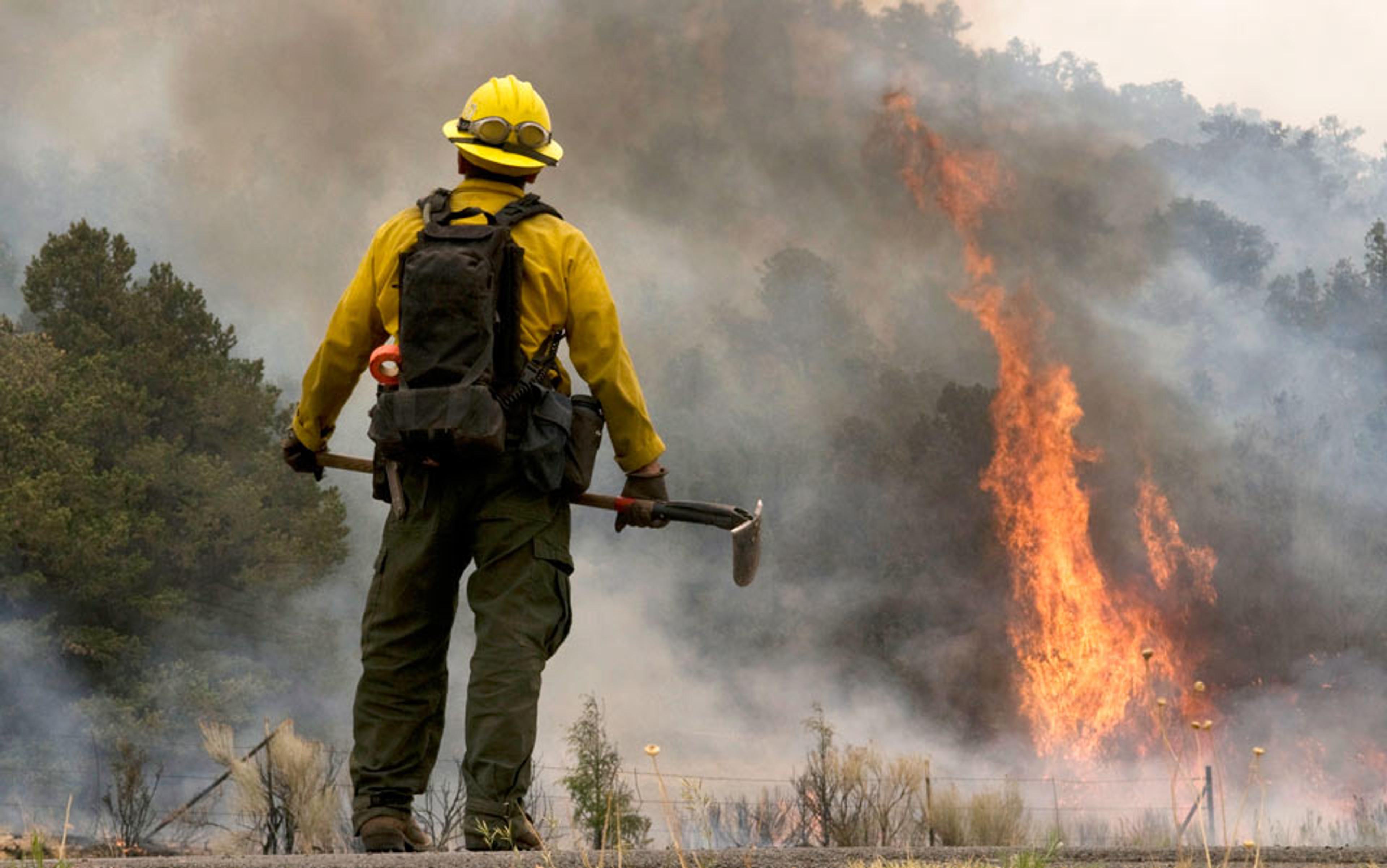 A firefighter in yellow safety gear using an axe while facing a blazing wildfire with trees and smoke in the background.