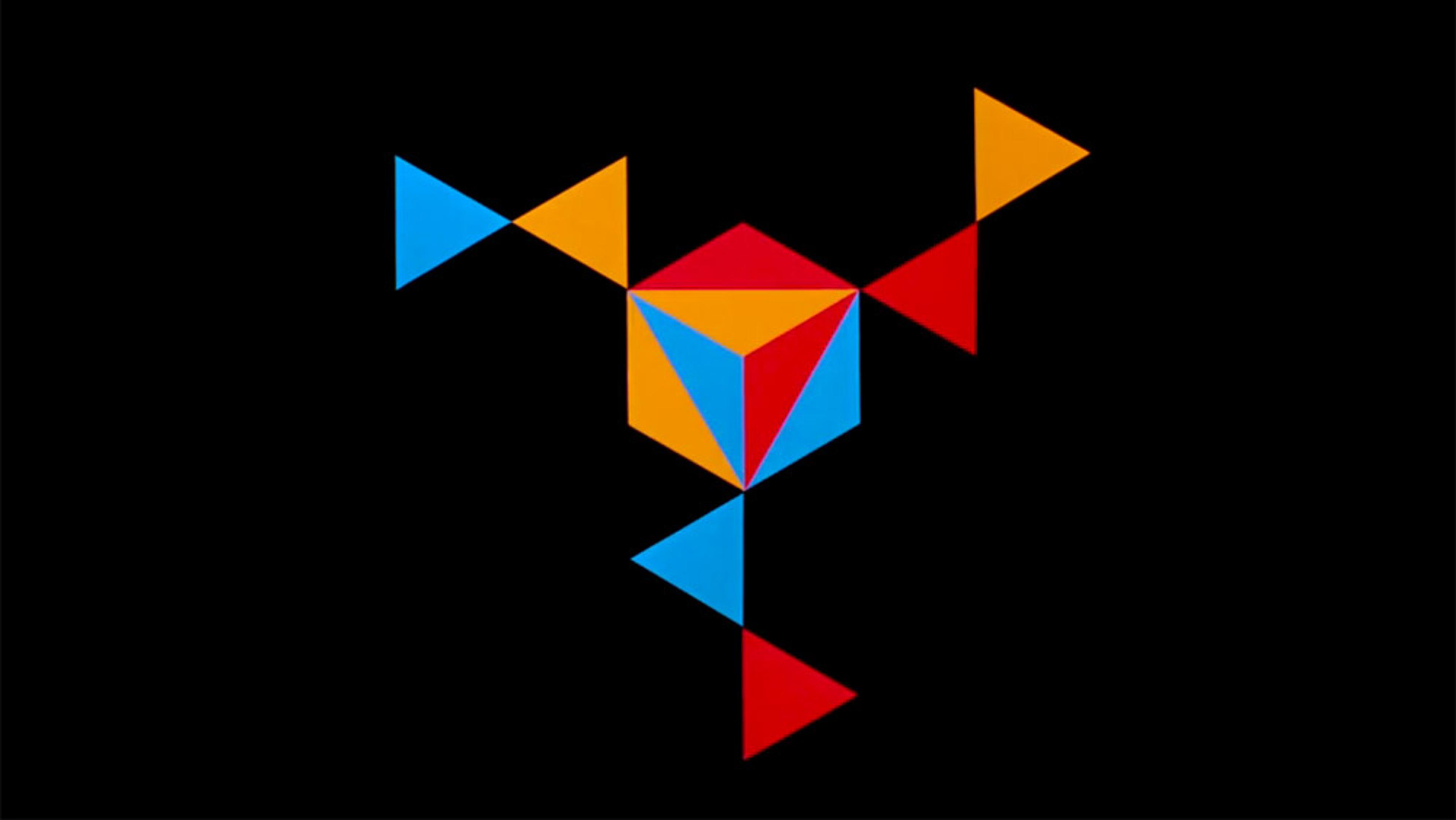 Abstract painting with colourful geometric shapes like triangles and squares in blue, red and orange on a black background.