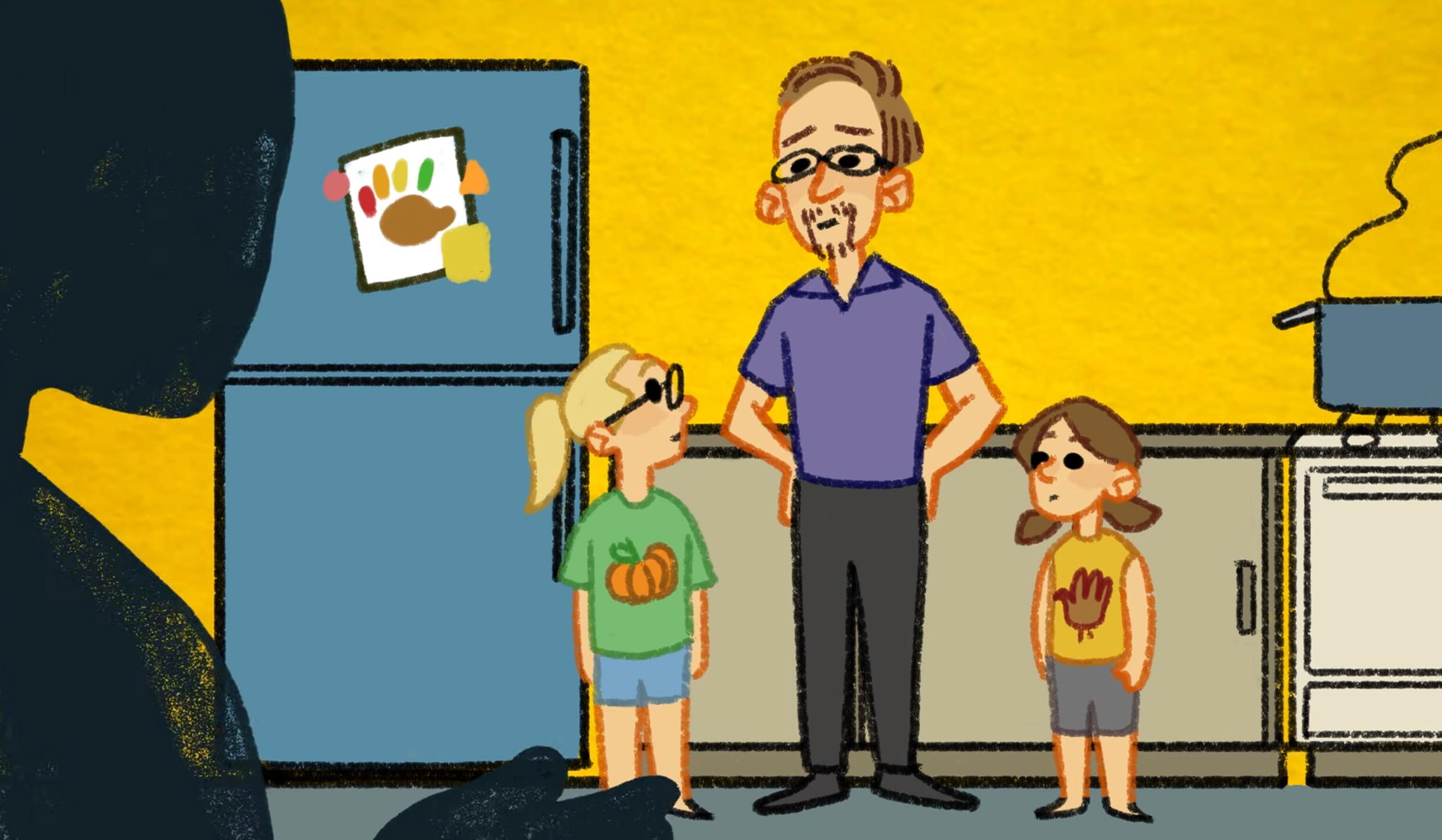 Cartoon of an adult and two children in a kitchen, standing near a fridge with a drawing and a stove with a boiling pot.