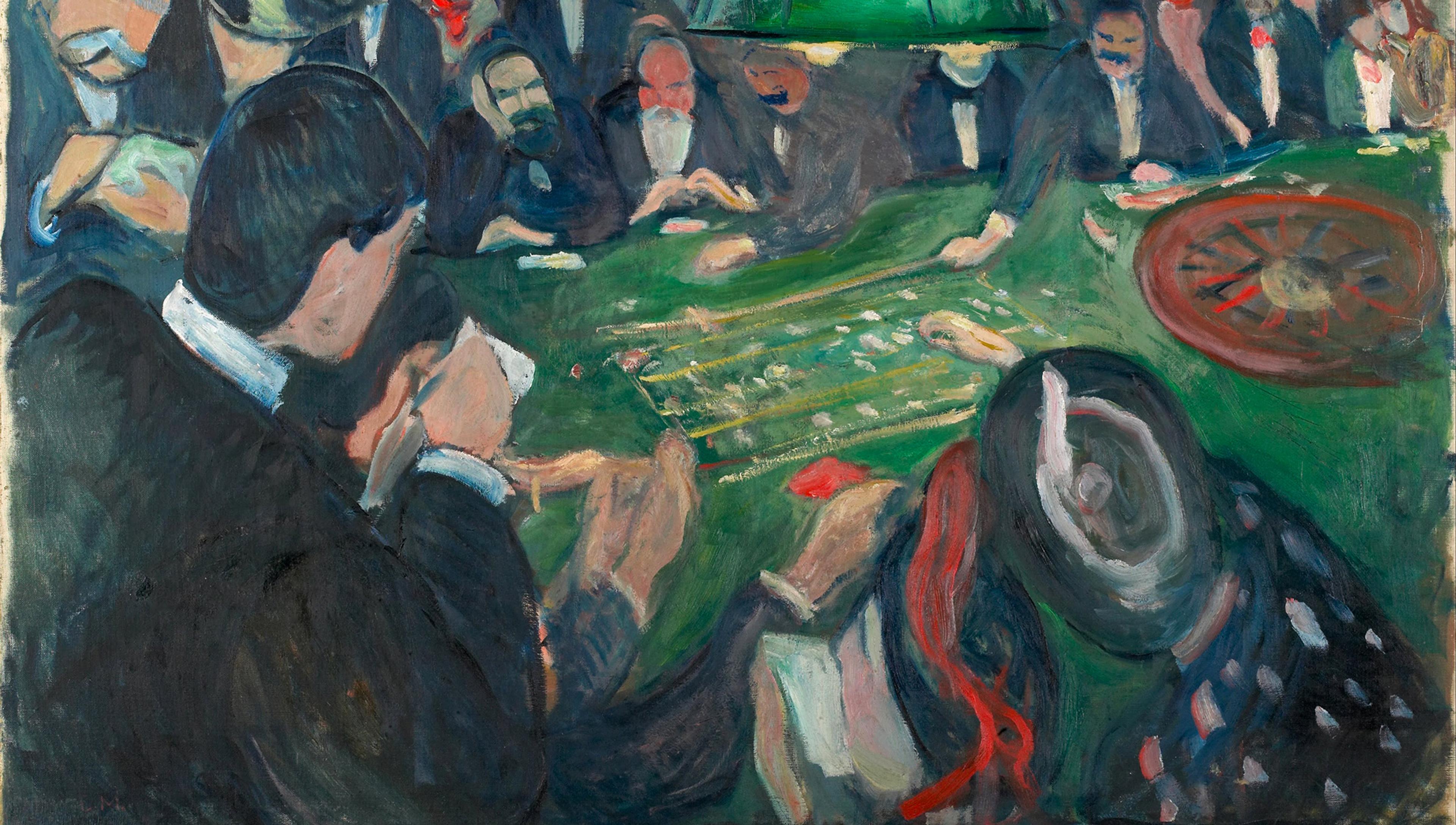 Painting depicts a casino scene with people gathered around a green roulette table. The players are engaged, focused on the game. The roulette wheel is visible on the right side, and a green lamp hangs above. The scene is vibrant, with expressive brushstrokes and vivid colours.