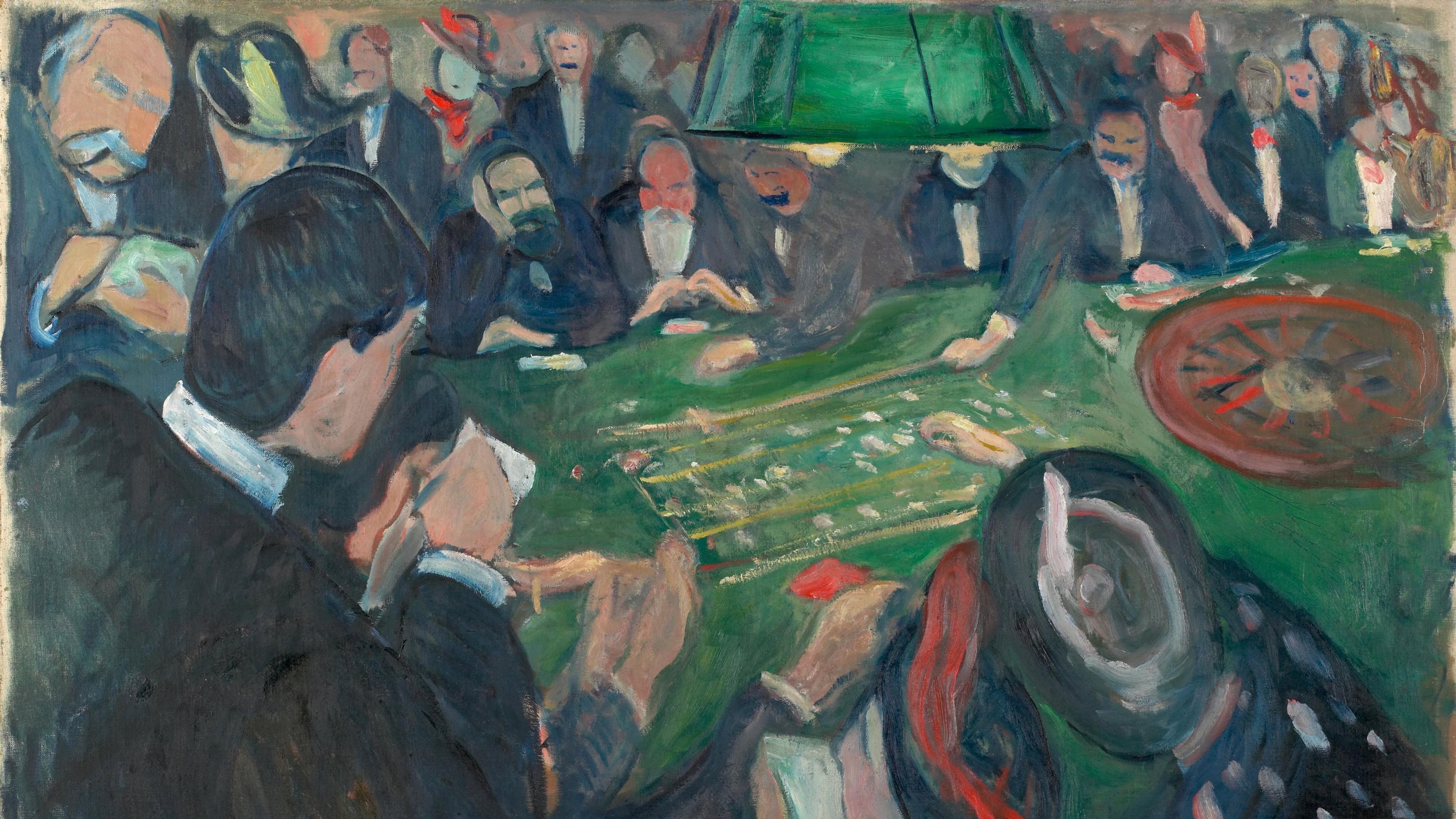 Painting of a crowded casino table with people playing cards and roulette. Green table and overhead light dominate the scene.
