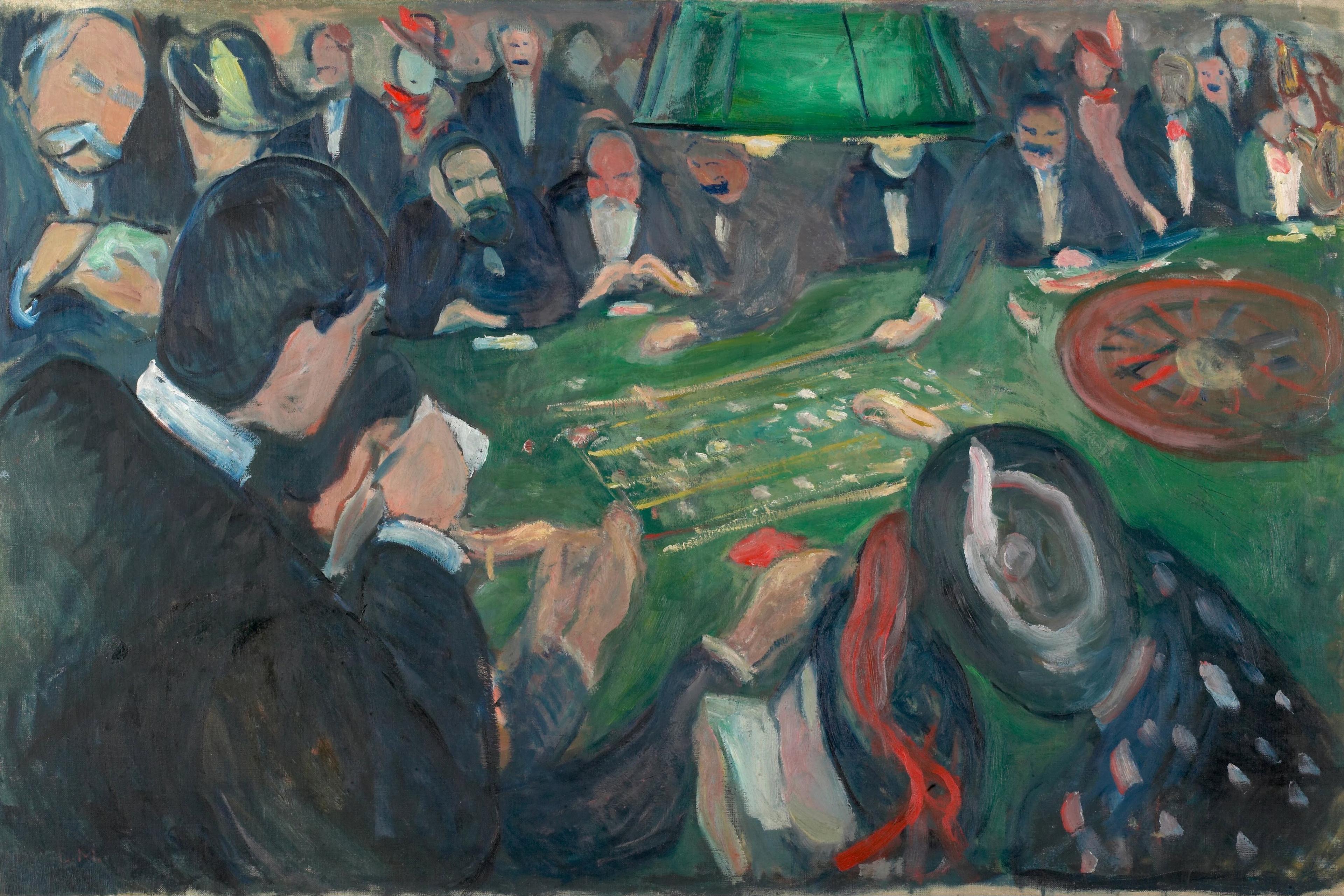Painting of a crowded casino table with people playing cards and roulette. Green table and overhead light dominate the scene.