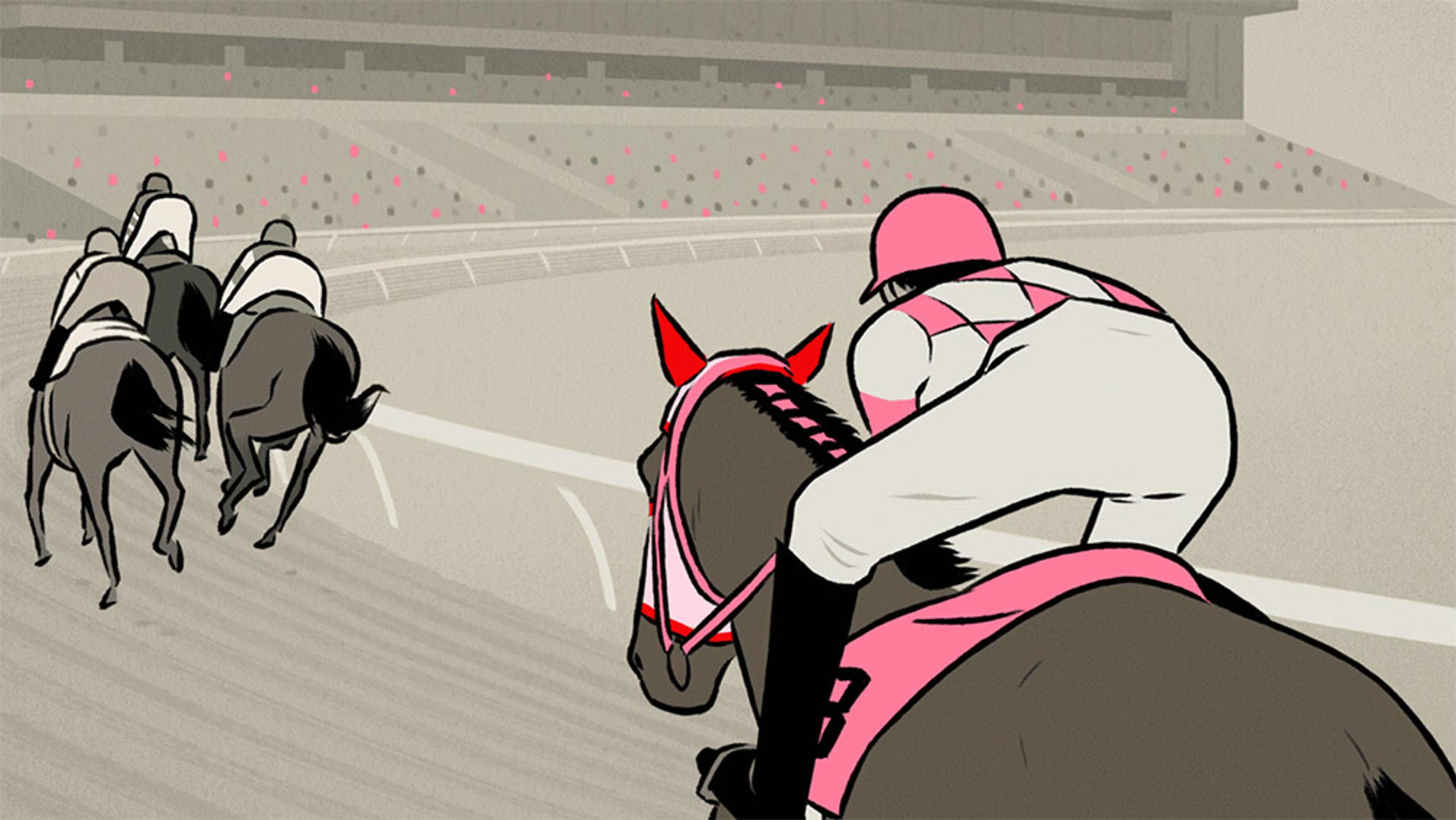 Illustration of jockeys riding racehorses on a track, viewed from behind with one horse and rider in focus.
