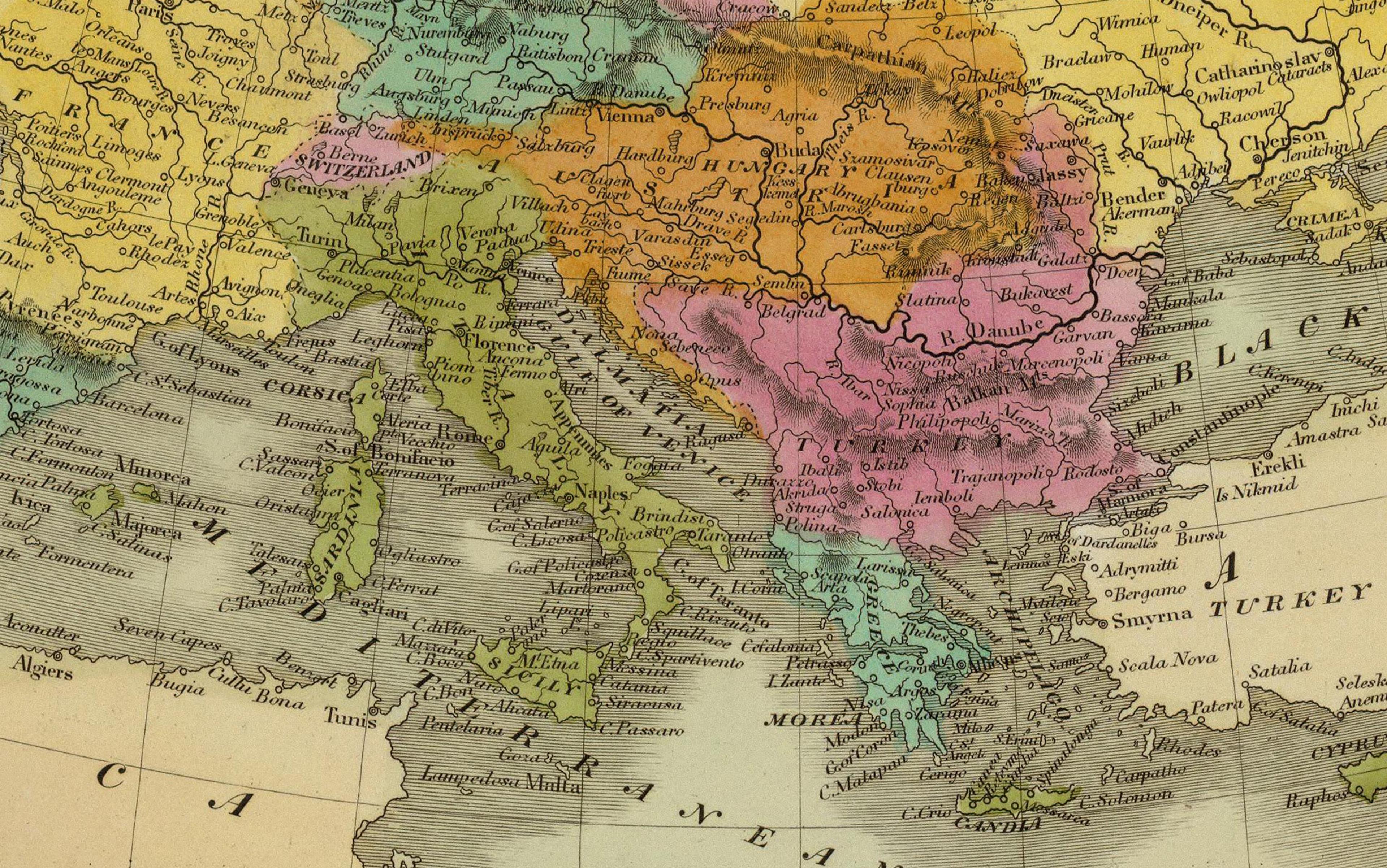 A historical map of Southern Europe, including parts of Austria, Hungary, Italy, Turkey, and the Balkans. Features cities such as Milan, Vienna, Rome, and Constantinople, with regions distinguished by different colours. Sea names such as the Adriatic and Mediterranean are also visible.