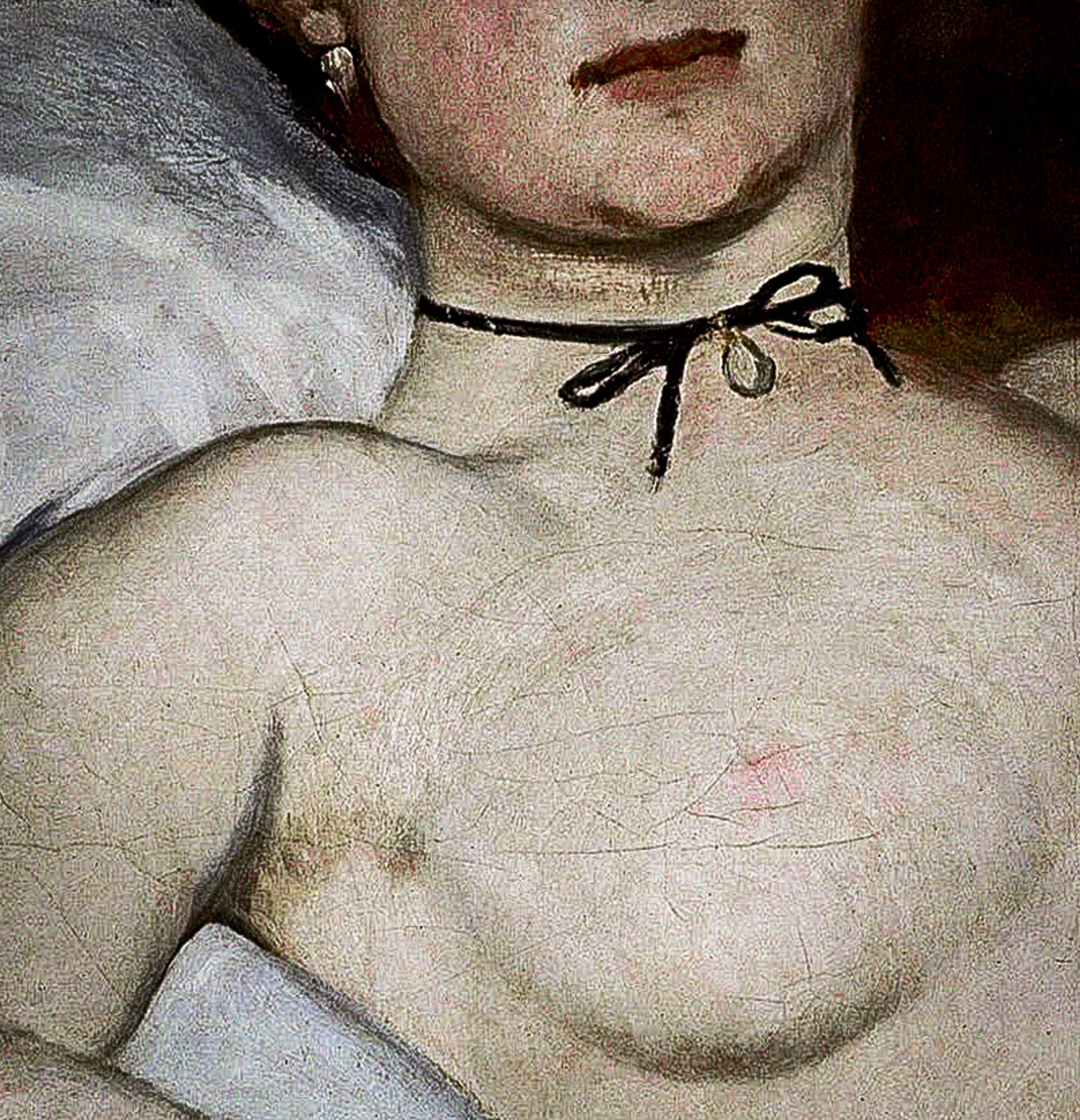 Close-up of a painting depicting a woman’s bare chest and neck wearing a black ribbon choker. Her lips are partially visible.