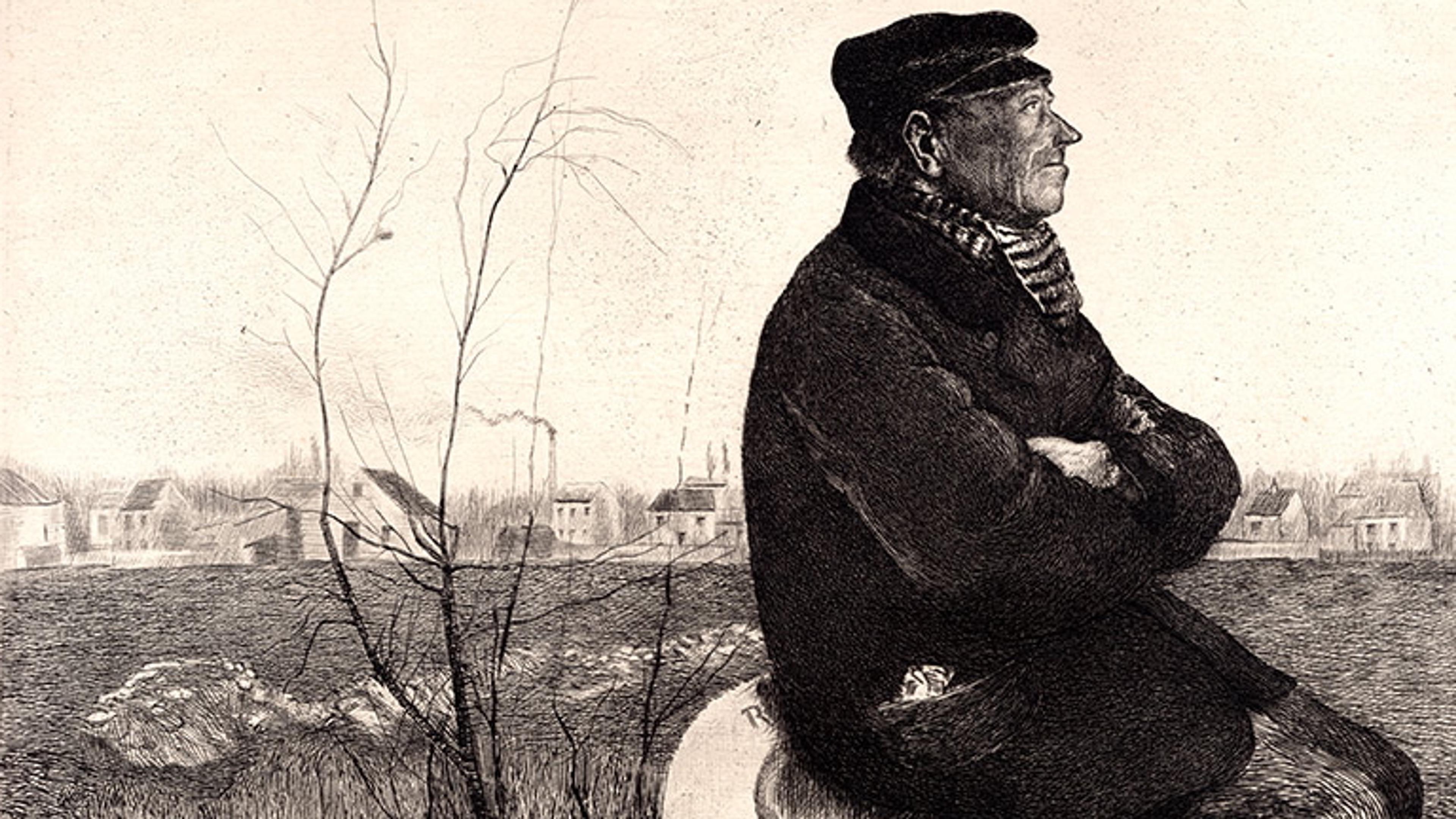 Etching of a man sitting on a milestone marked “Paris” with a broom, barren trees and distant houses in the background.