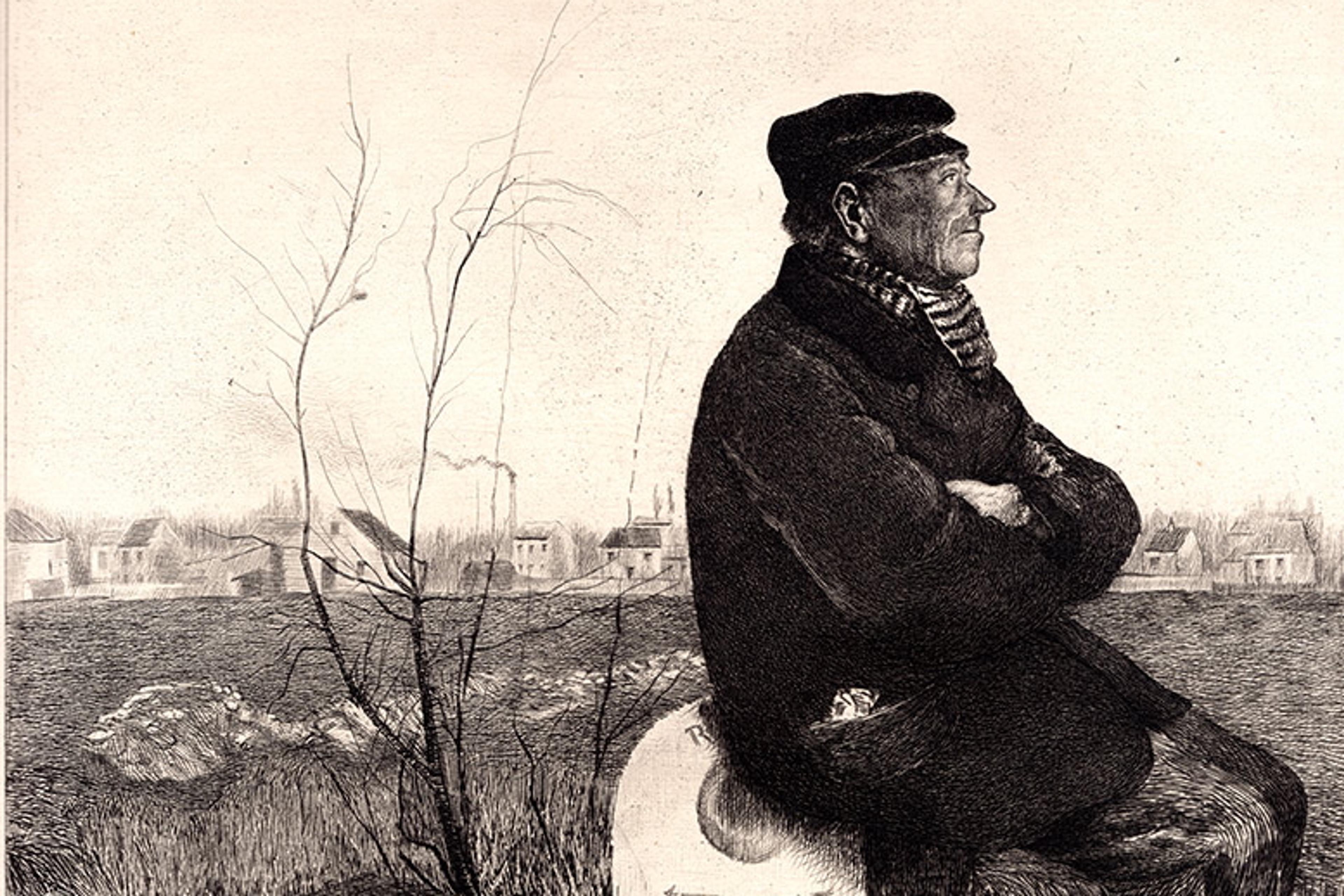 Etching of a man sitting on a milestone marked “Paris” with a broom, barren trees and distant houses in the background.