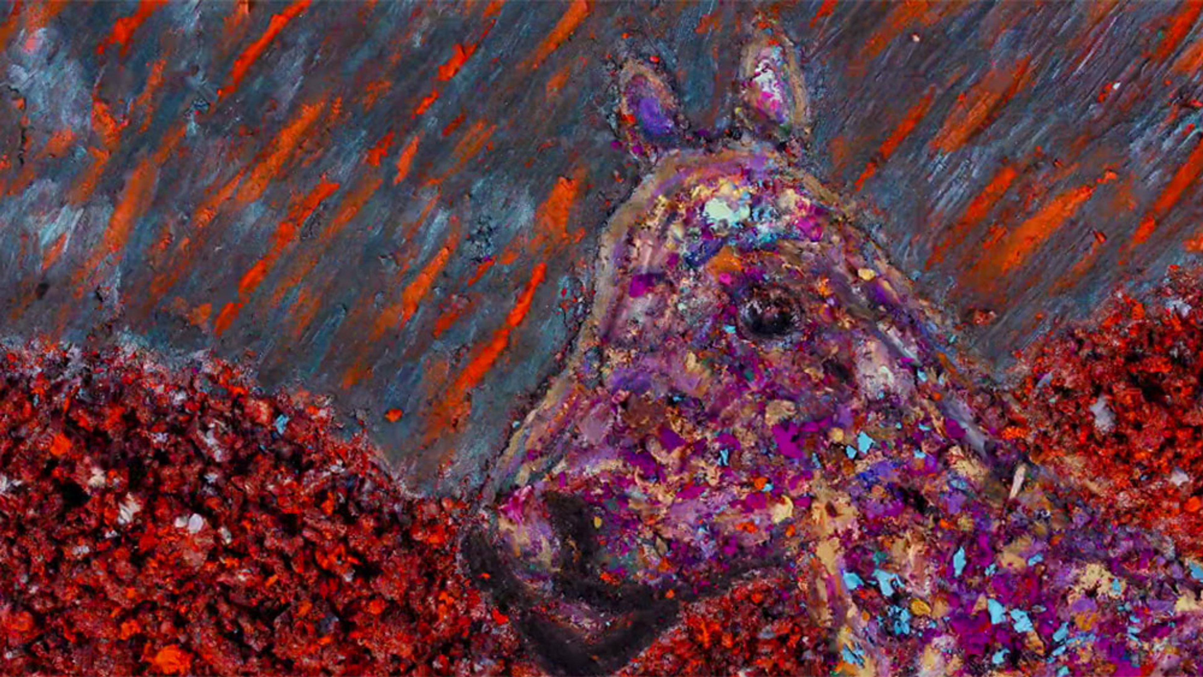 Abstract painting of a horse’s head with vibrant colours and textured brush strokes amidst a dynamic background of reds and oranges.