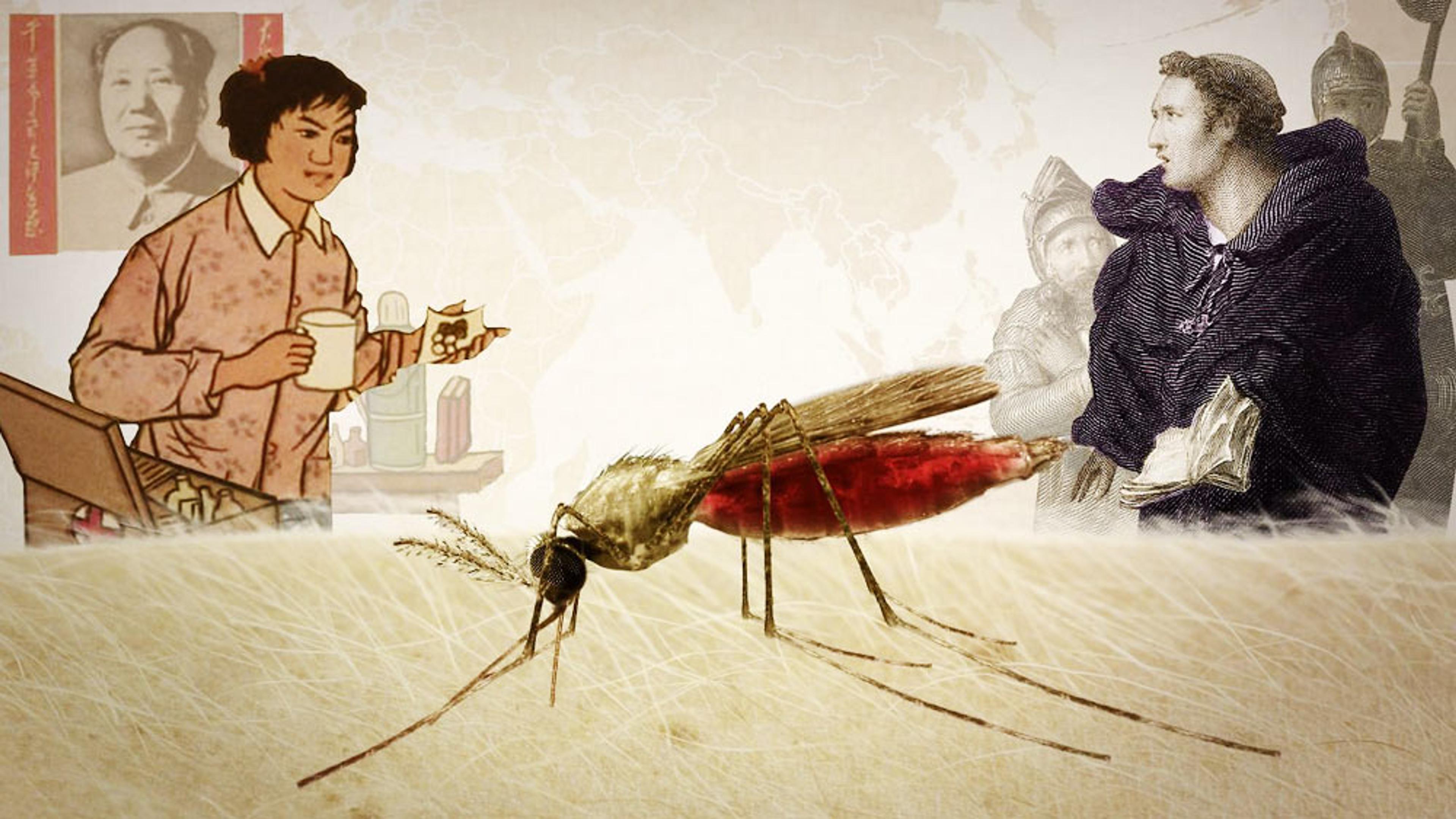 Illustrated collage of a mosquito in the foreground, a woman and historical figures in the background, mixed media artwork.