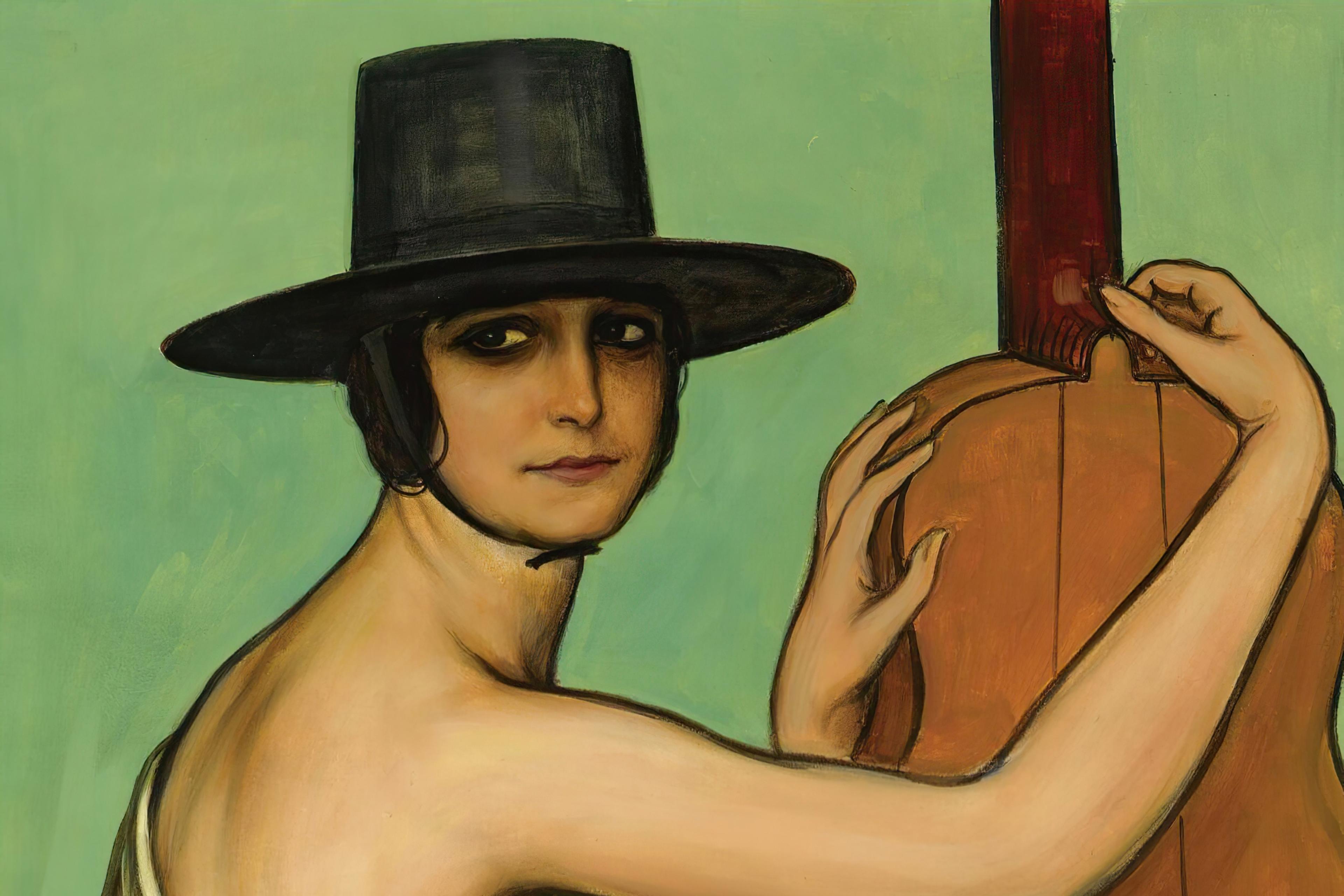 Painting of a woman in a yellow dress and hat sitting with a guitar against a green background.