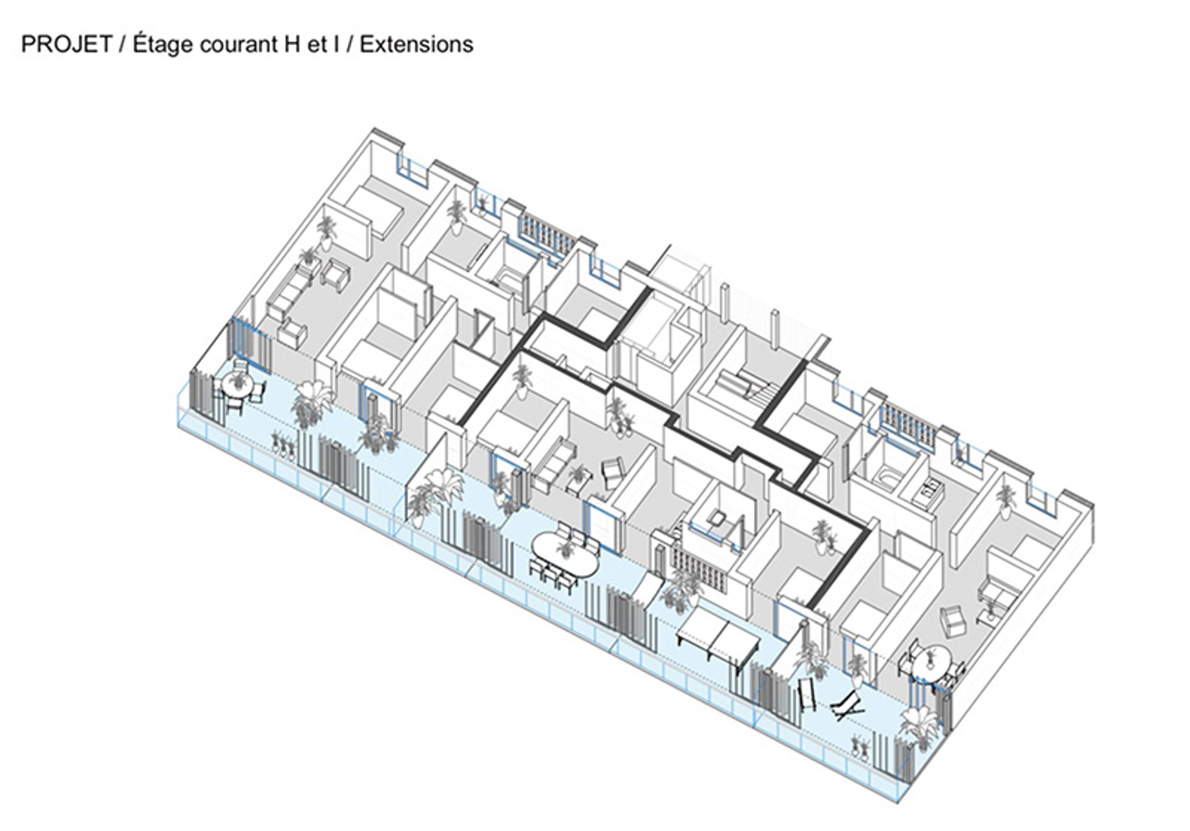 Isometric architectural drawing of a floor plan with various rooms and exterior spaces labelled “PROJET / Étage courant H et I / Extensions”.