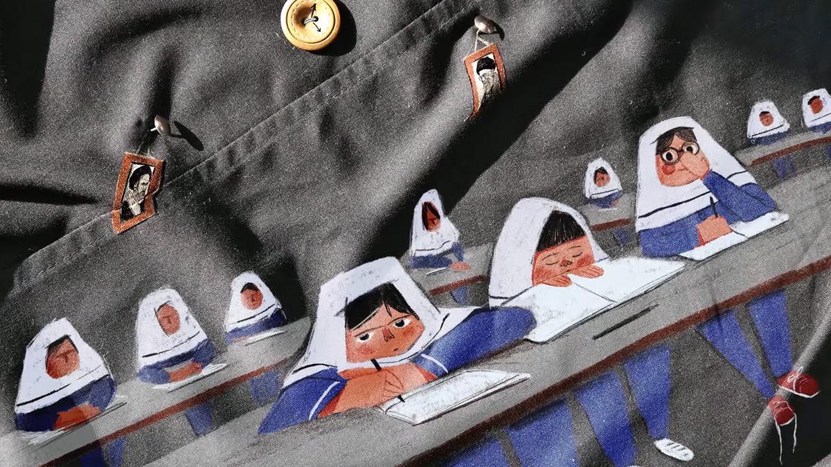 Painting on fabric of students in hijabs writing at desks with a button and small photo on the fabric above.