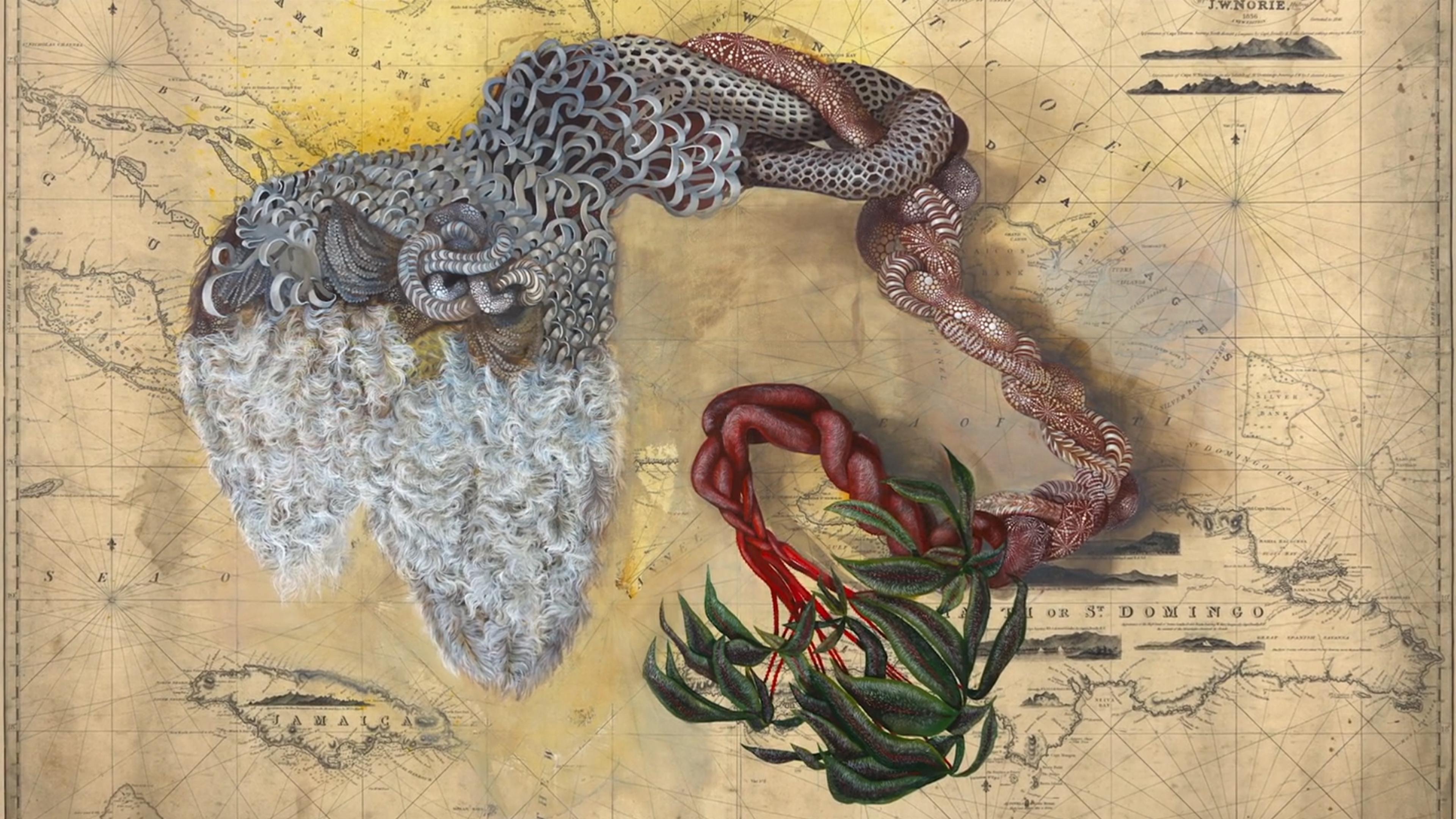 Abstract painting of textured forms resembling fibres and foliage overlaid on an antique map background.