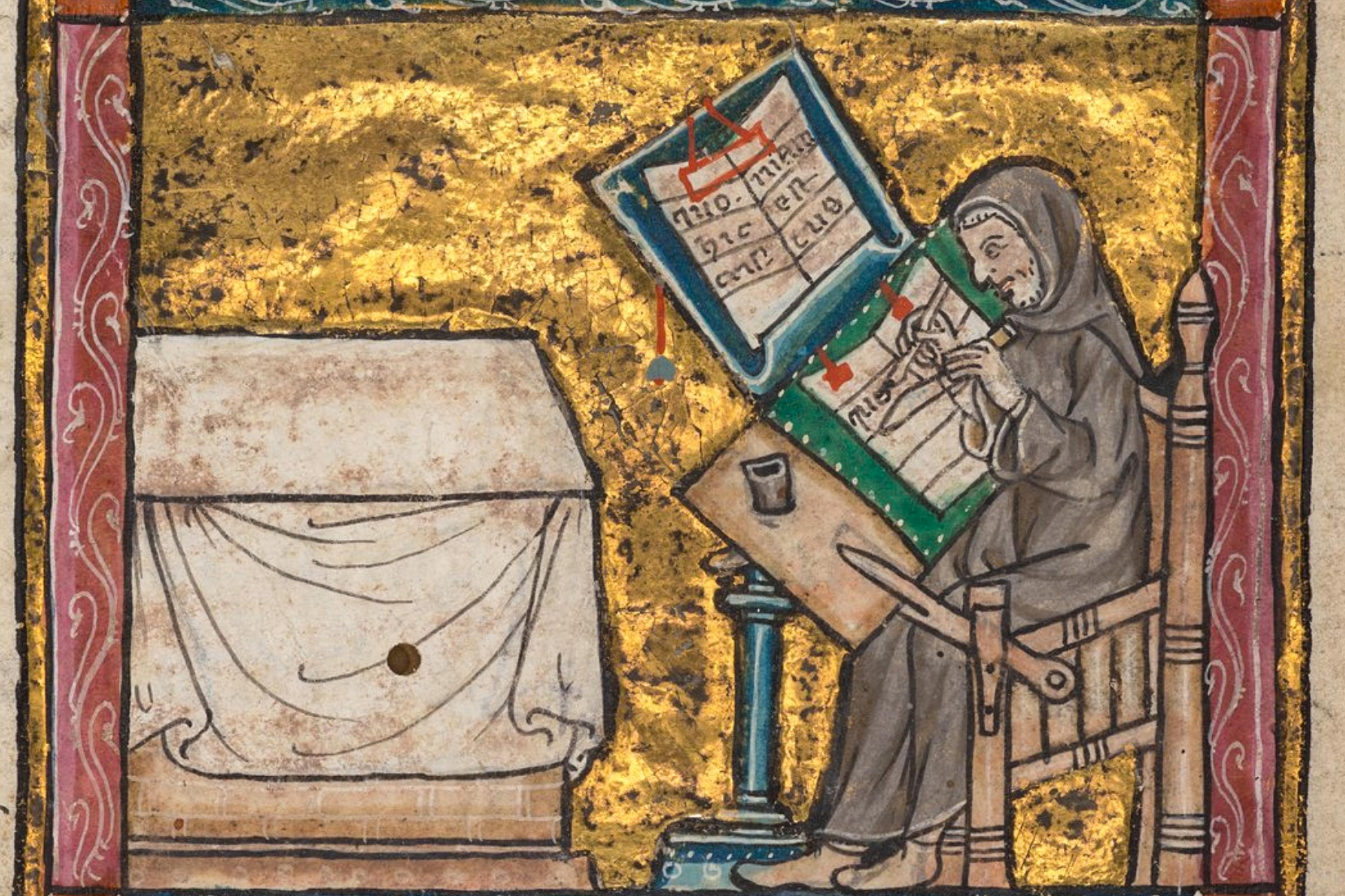 Medieval painting of a scribe in a hooded robe writing on a large manuscript at a tilted desk with a gold background.