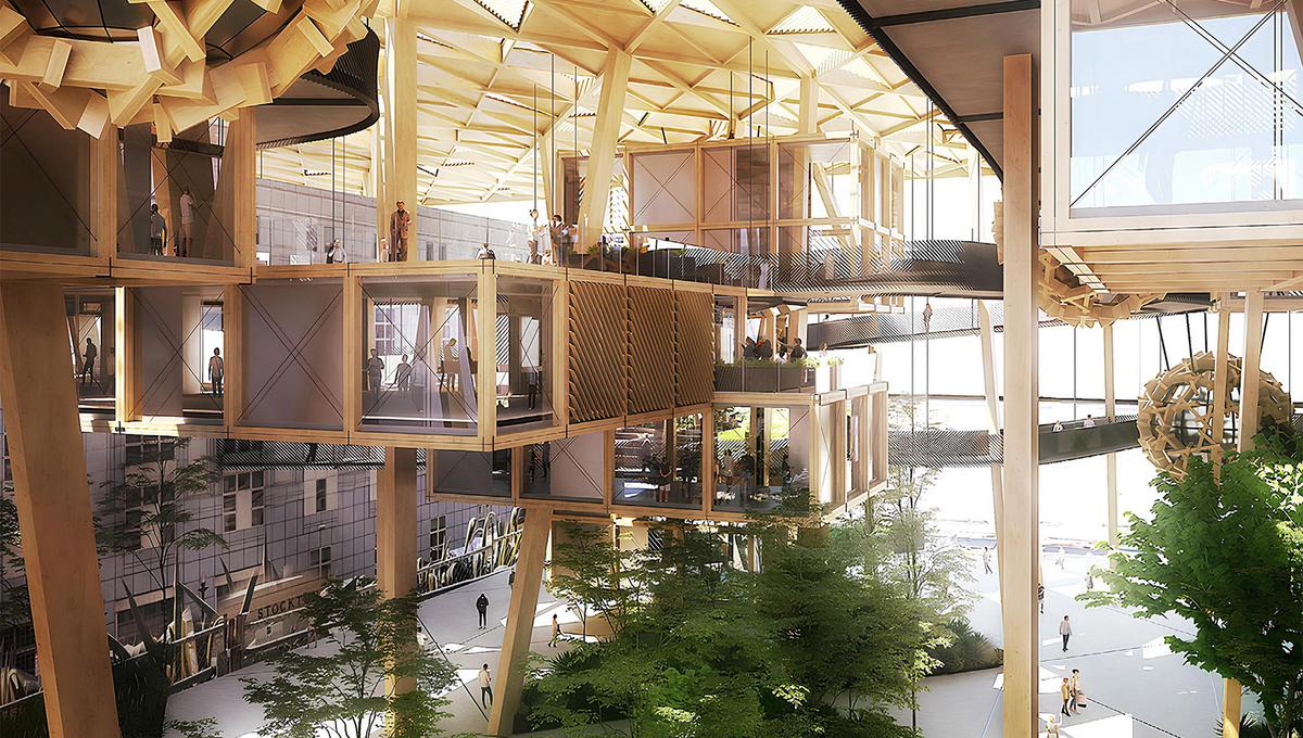 Digital rendering of a modern architectural space with wooden beams, suspended rooms and large windows, overlooking a green atrium.