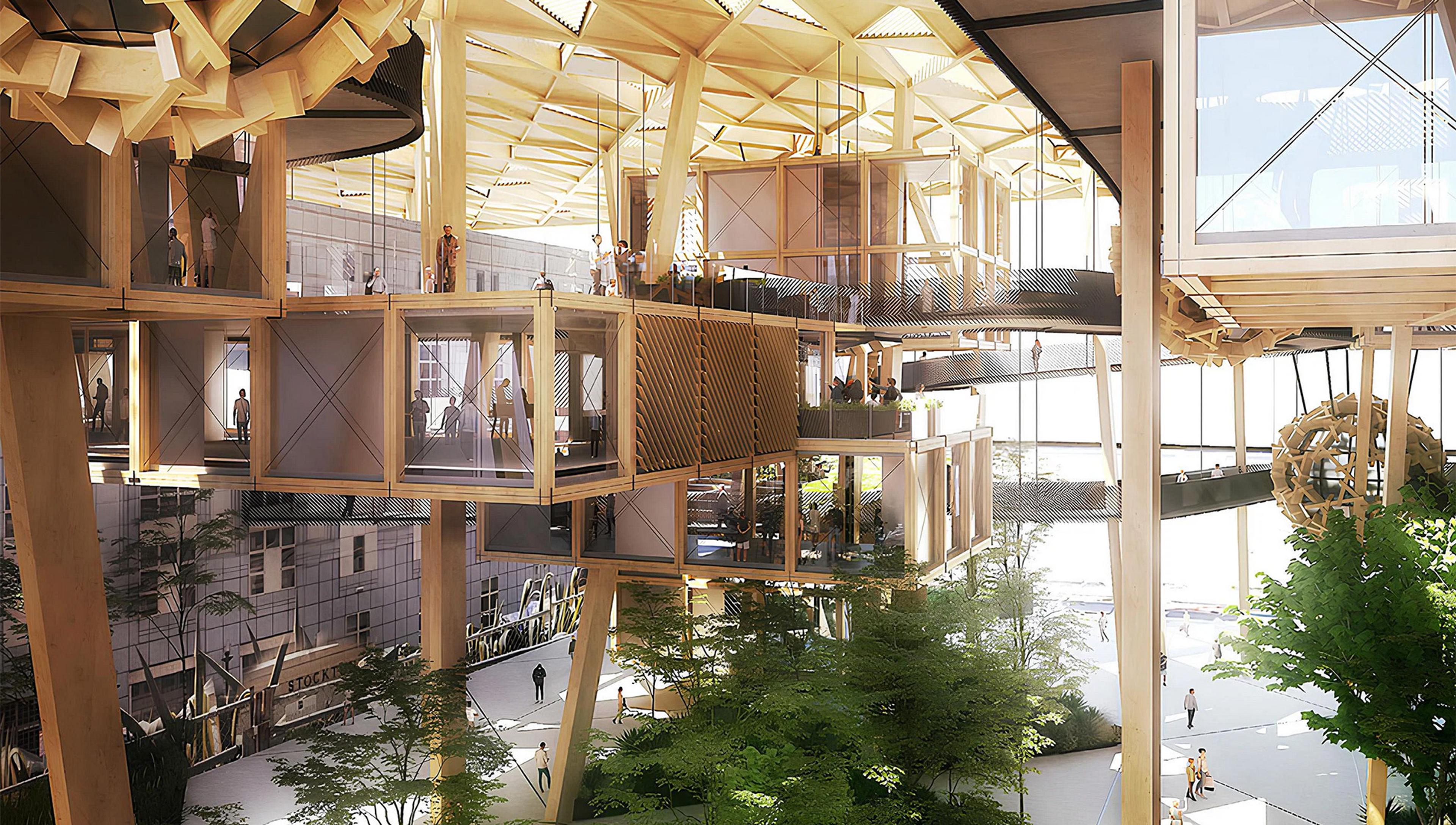 Digital rendering of a modern architectural space with wooden beams, suspended rooms and large windows, overlooking a green atrium.