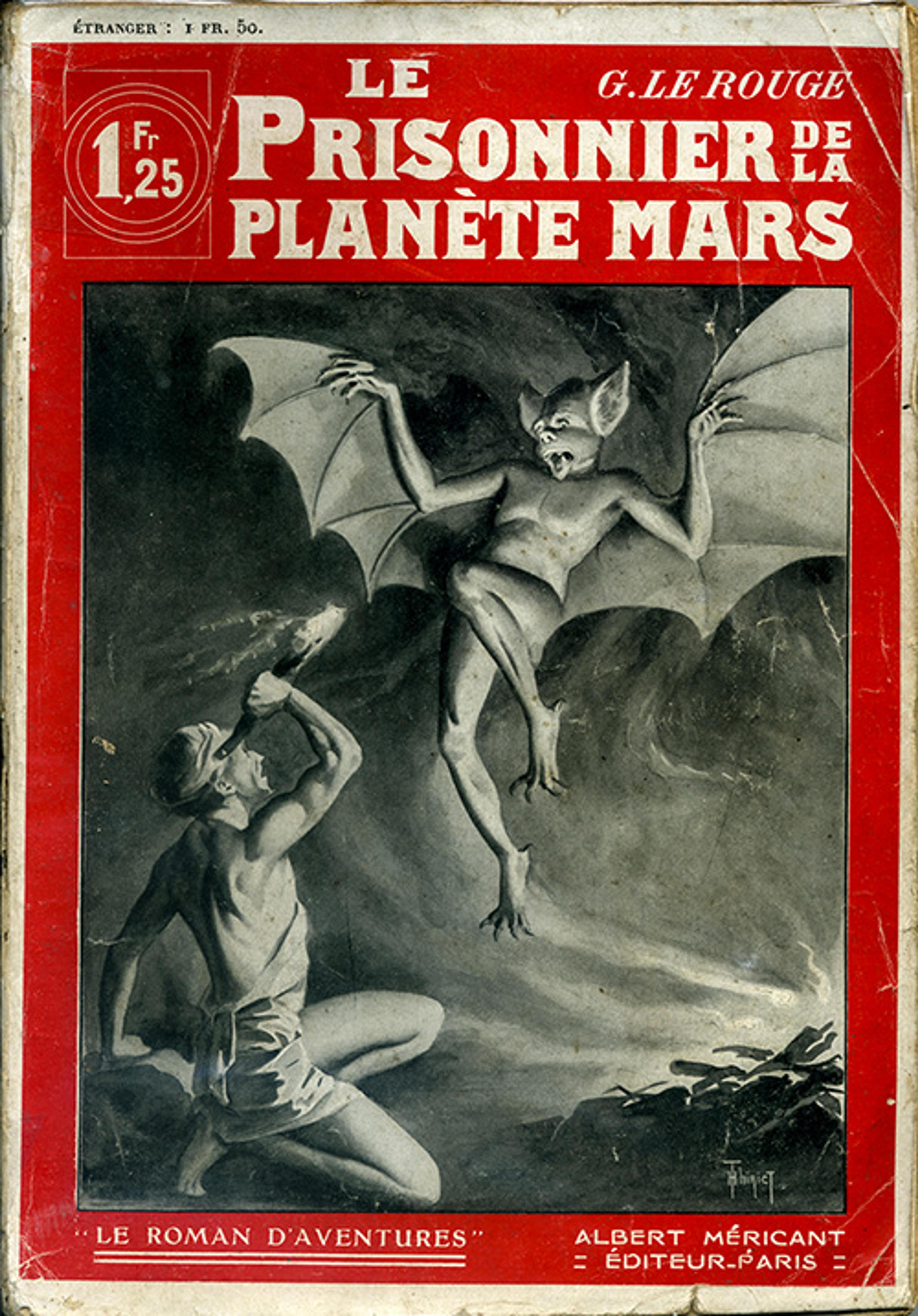 Cover illustration of a French book shows a winged demon hovering over a frightened man. It is a painting.