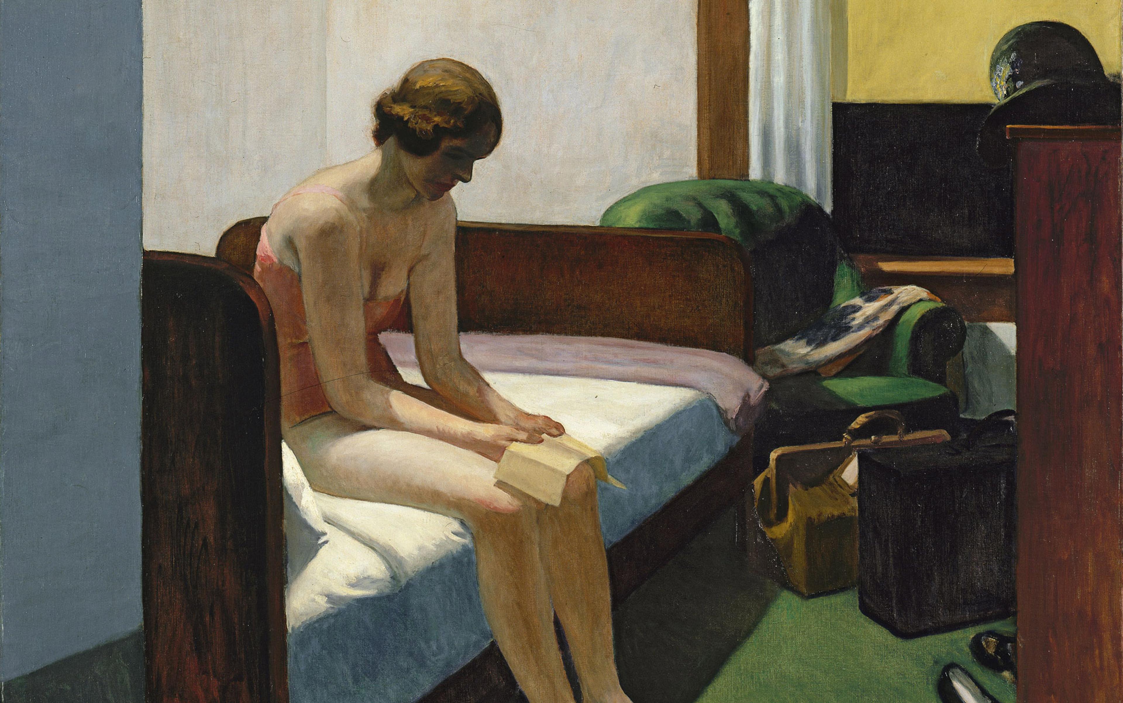 Painting of a woman sitting on a bed in a dimly lit room reading a letter with a suitcase and bags on the floor around her.