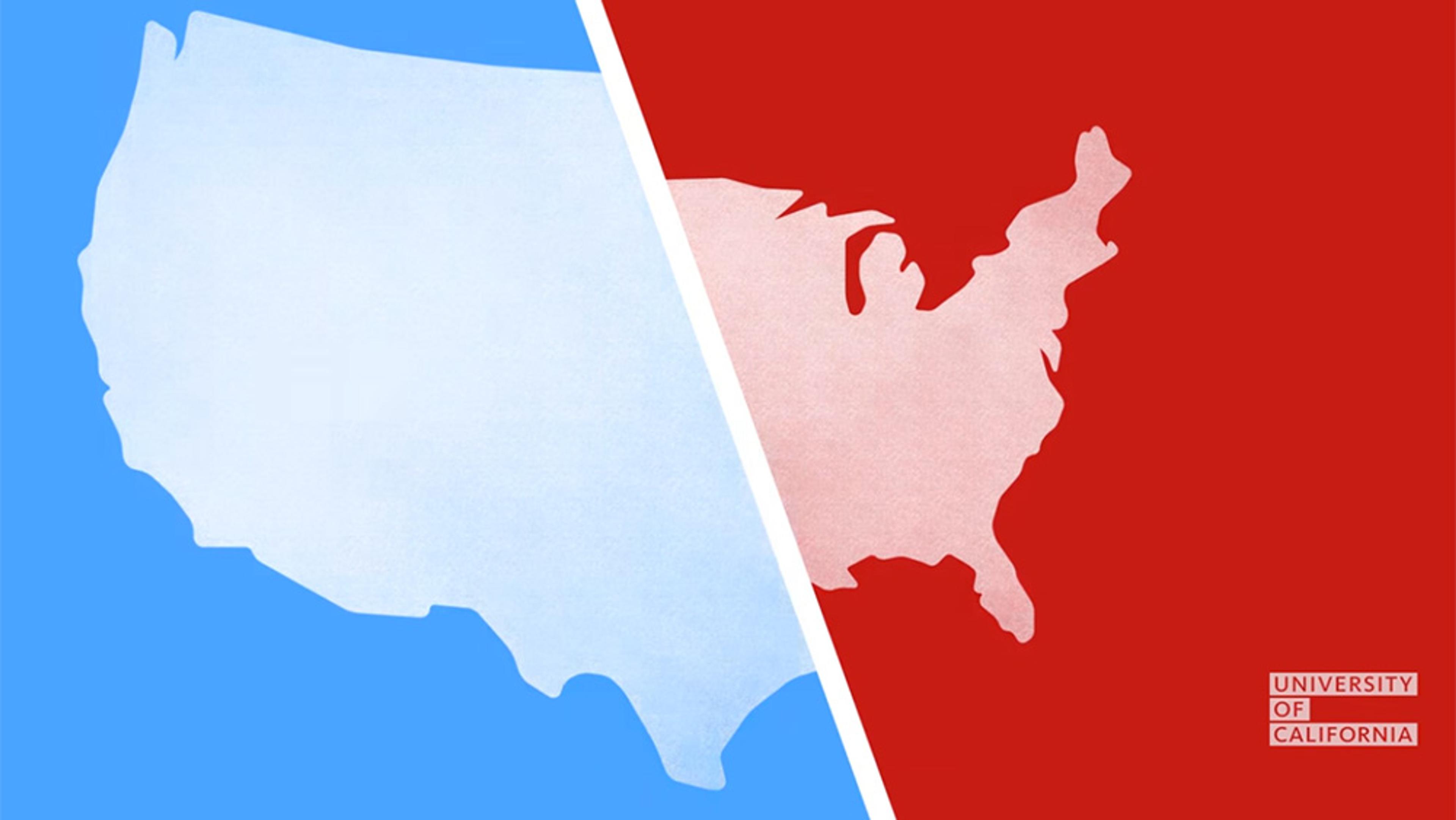 Illustration of the United States split diagonally, with the left half in blue, the right half in red, and the University of California logo.