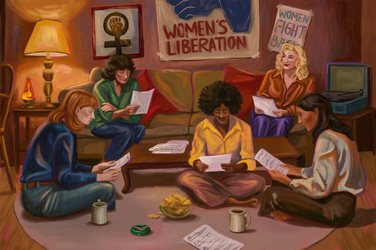 Painting of five women in a living room reading papers, with posters for women’s liberation and feminism on the walls.