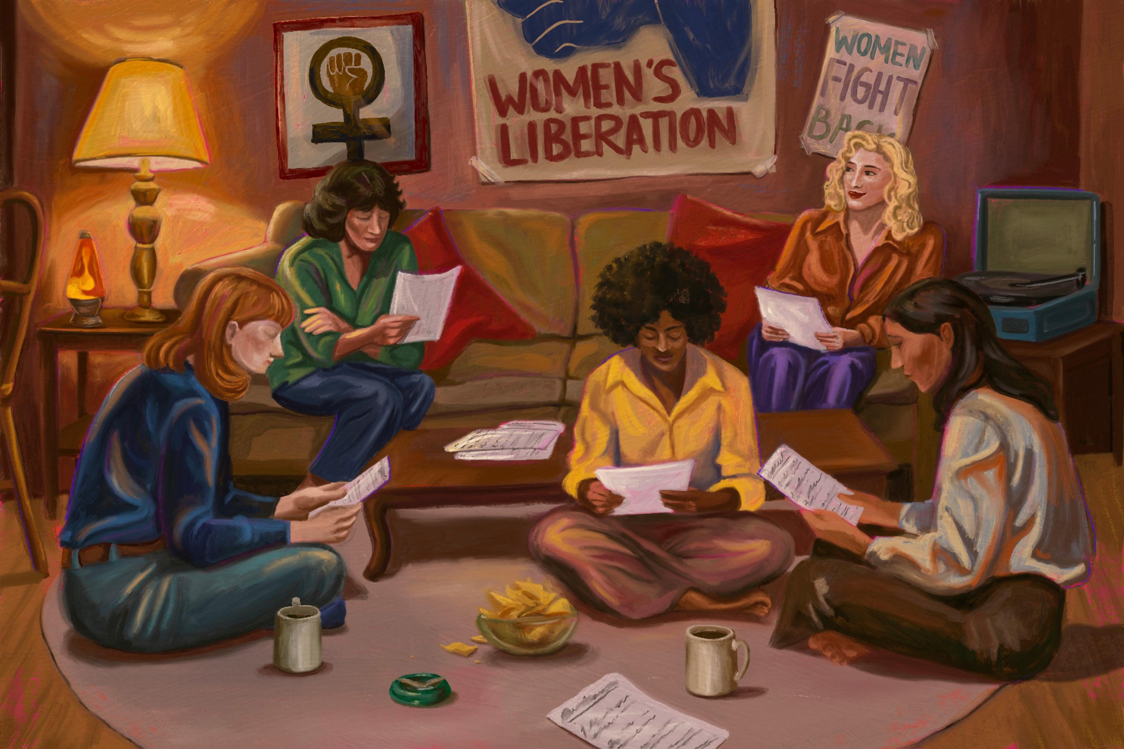 Painting of five women in a living room reading papers, with posters for women’s liberation and feminism on the walls.