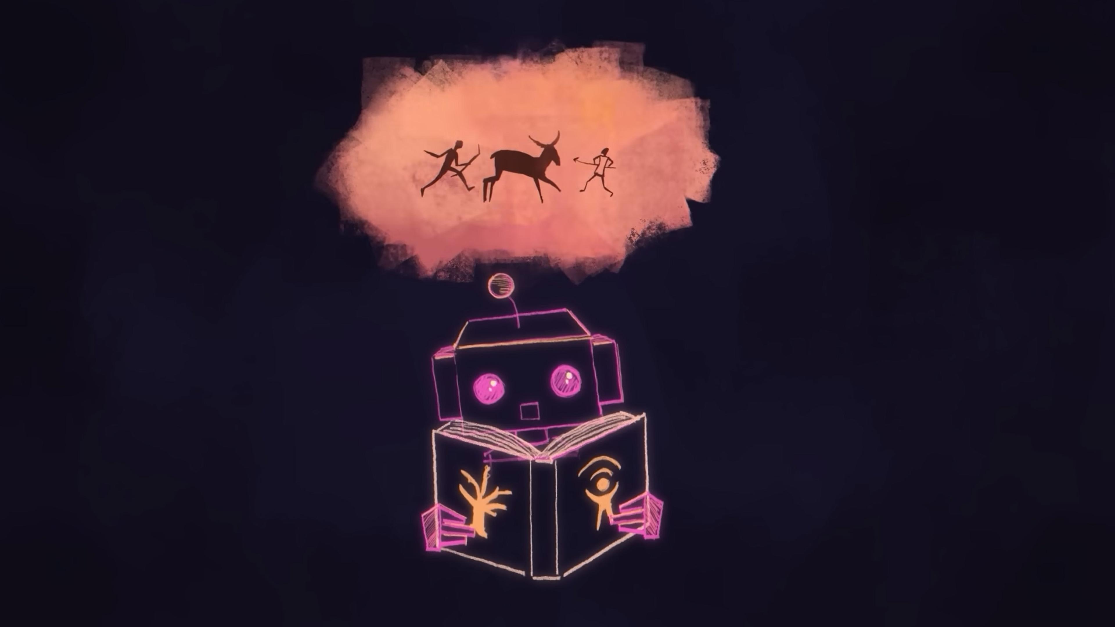 Illustration of a robot reading with a thought bubble showing ancient cave paintings of hunters and a deer.