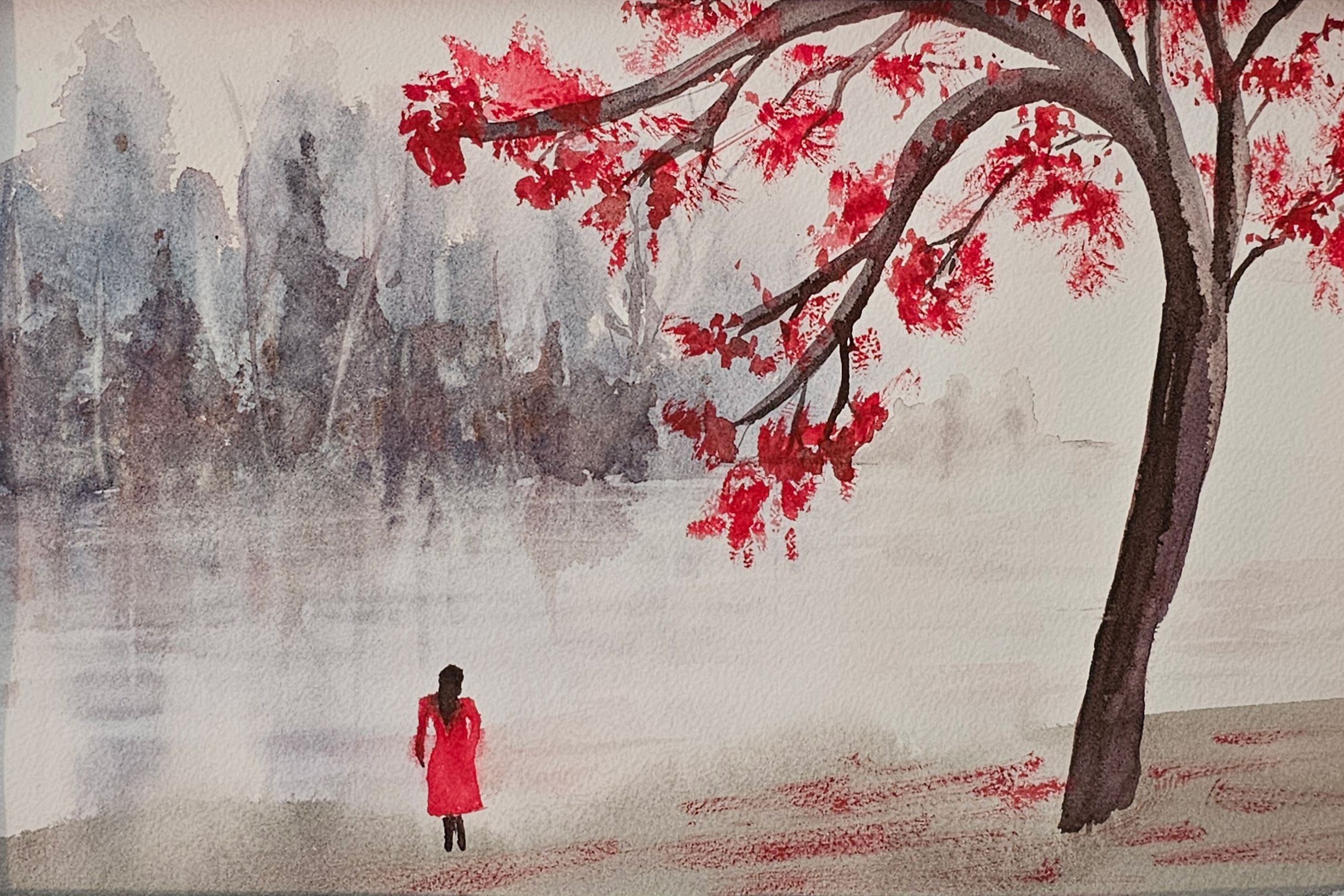 Watercolour painting of a person in red near a foggy lake with a tree and red leaves in the foreground.