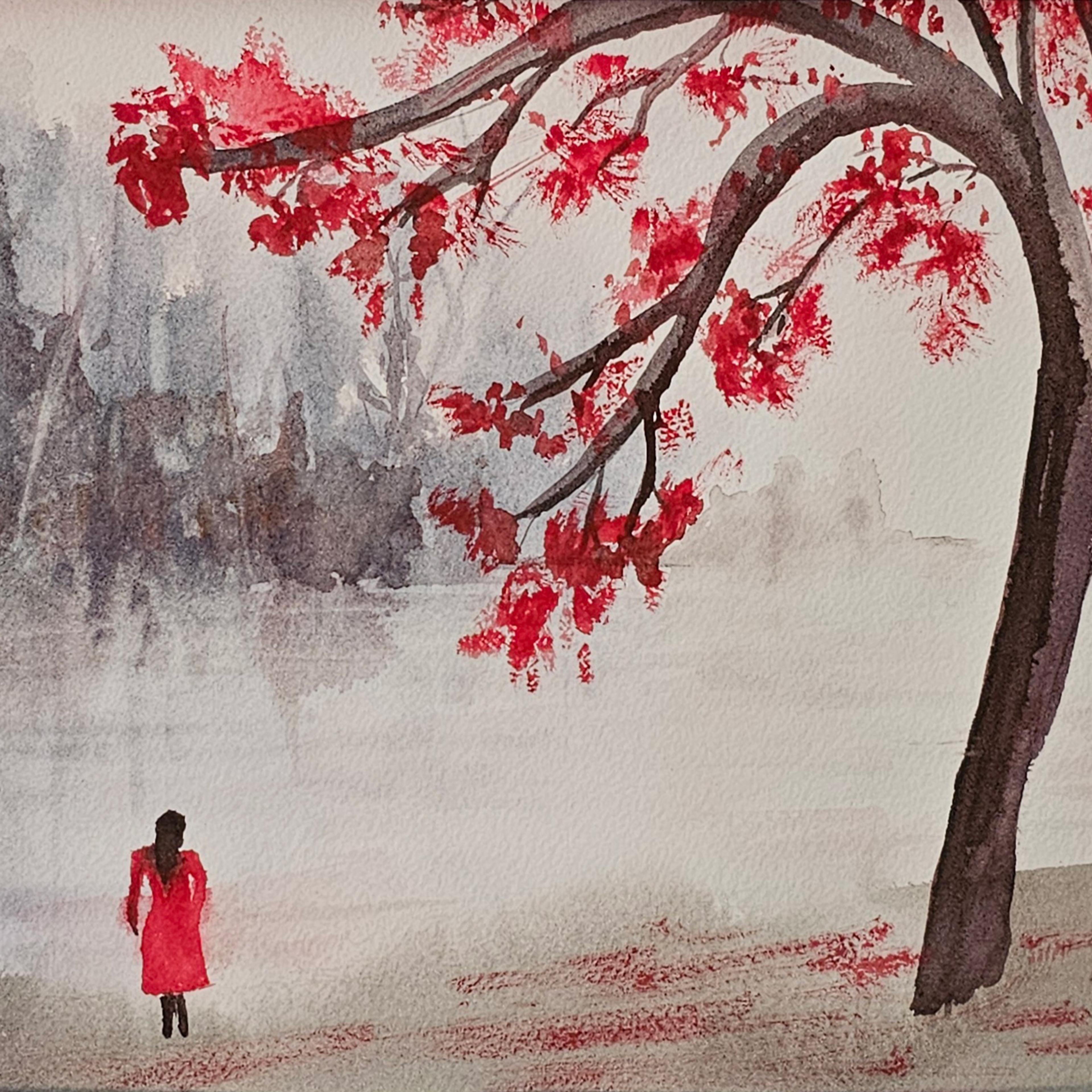 Watercolour painting of a person in red near a foggy lake with a tree and red leaves in the foreground.