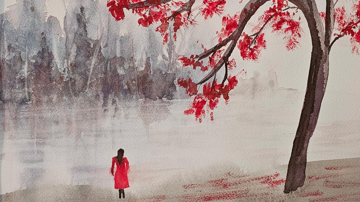 Watercolour painting of a person in red near a foggy lake with a tree and red leaves in the foreground.