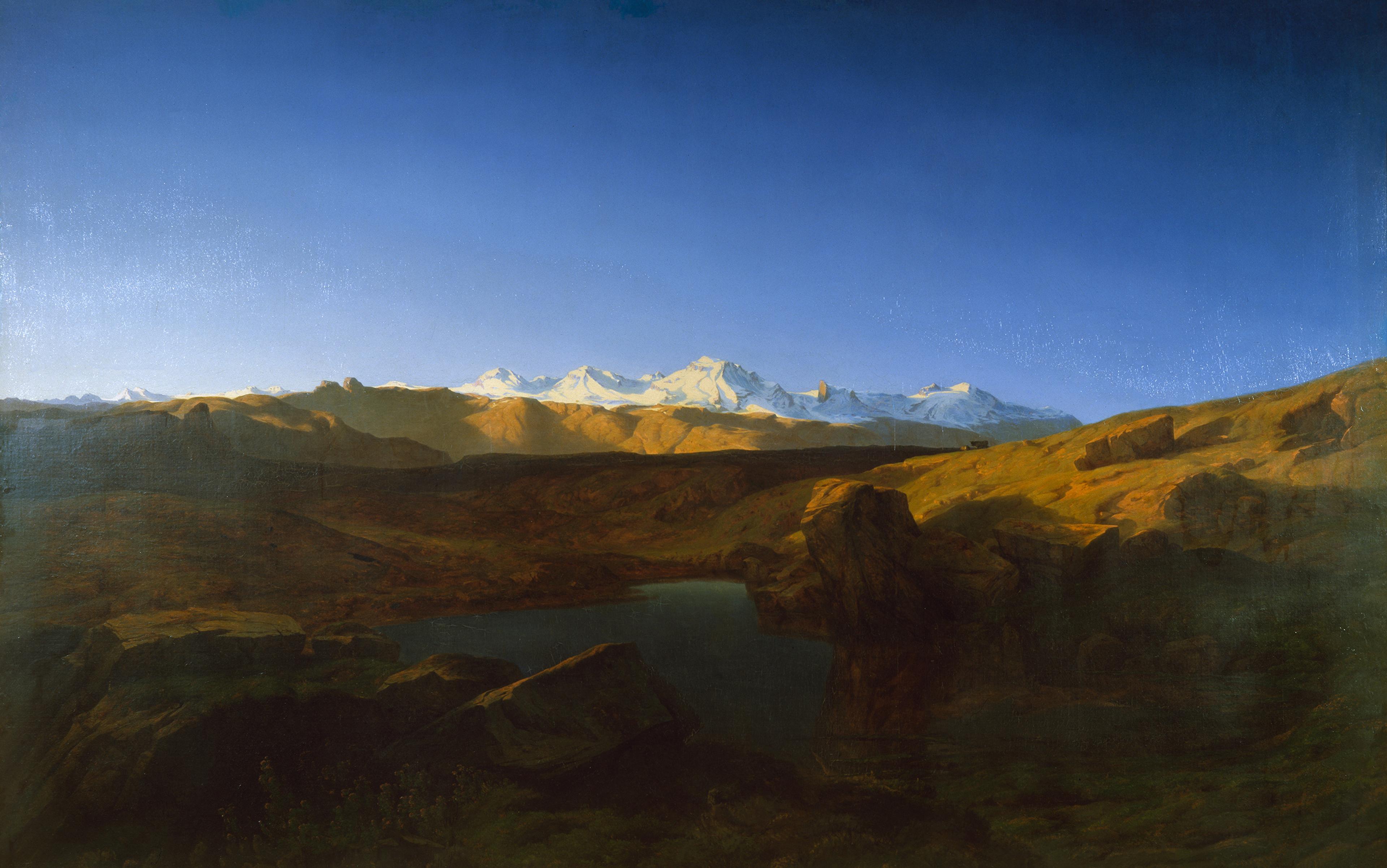 Painting of a mountainous landscape with snow-capped peaks under a clear blue sky and rocky terrain in the foreground.